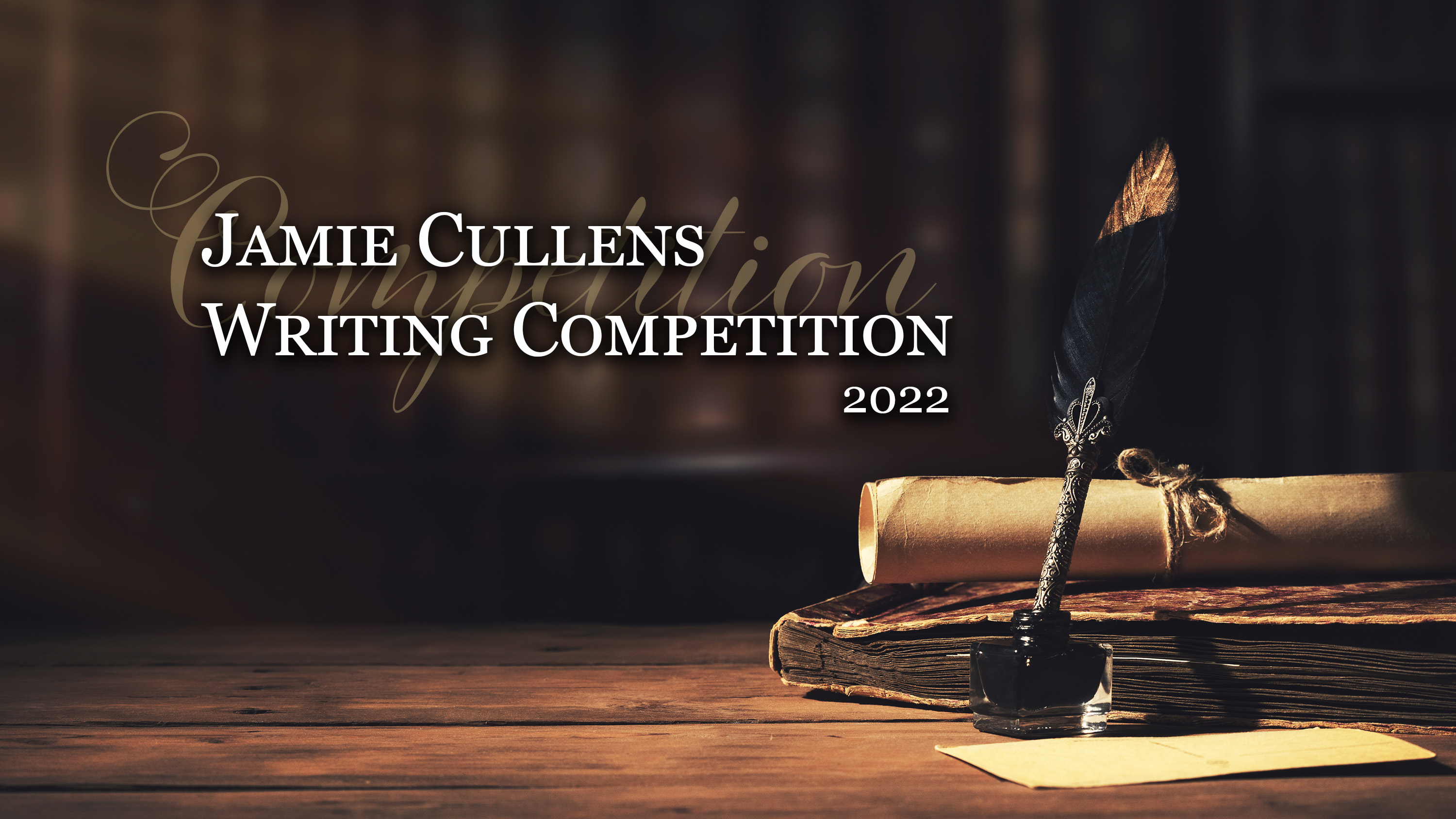 Jamie Cullen's Writing Competition with books and a scroll