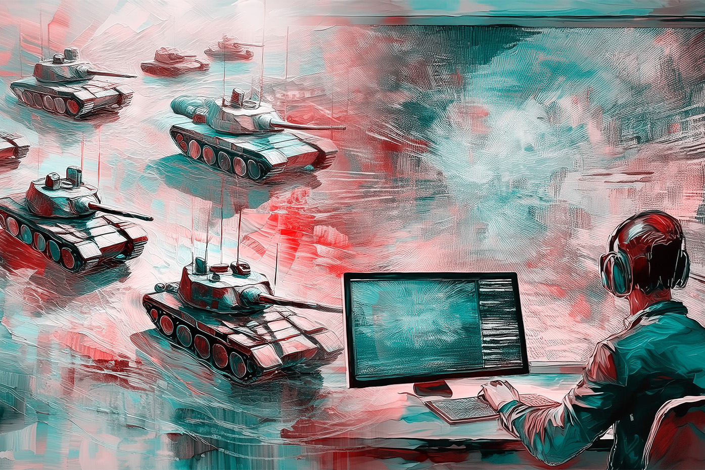 Split screen kinetic,tanks, and non-kinetic warfare, cyber warfare