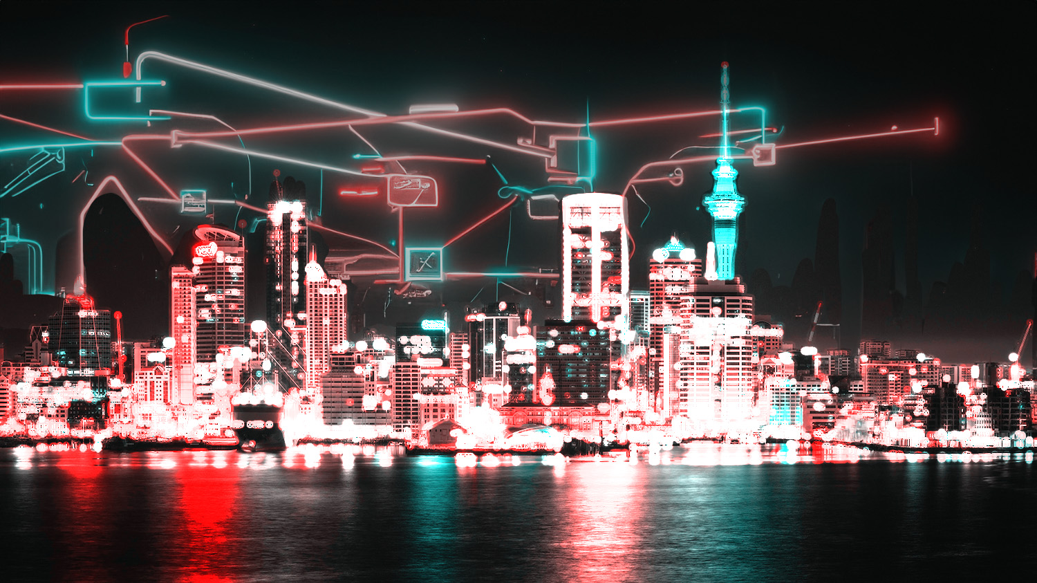 Auckland NZ at night with cyberpunk style lines in teh sky