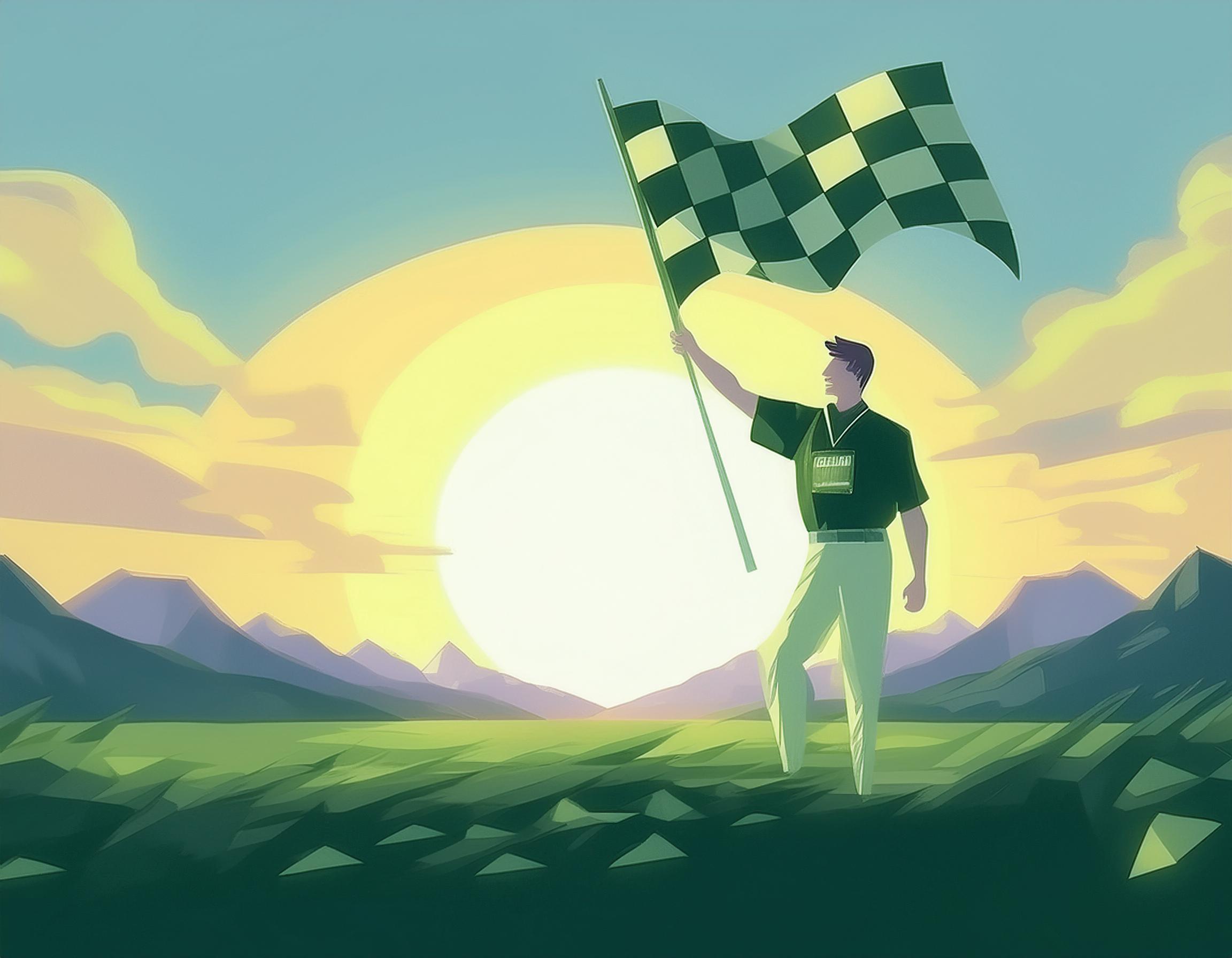 Man holding a checkered flag indicating the end of coaching