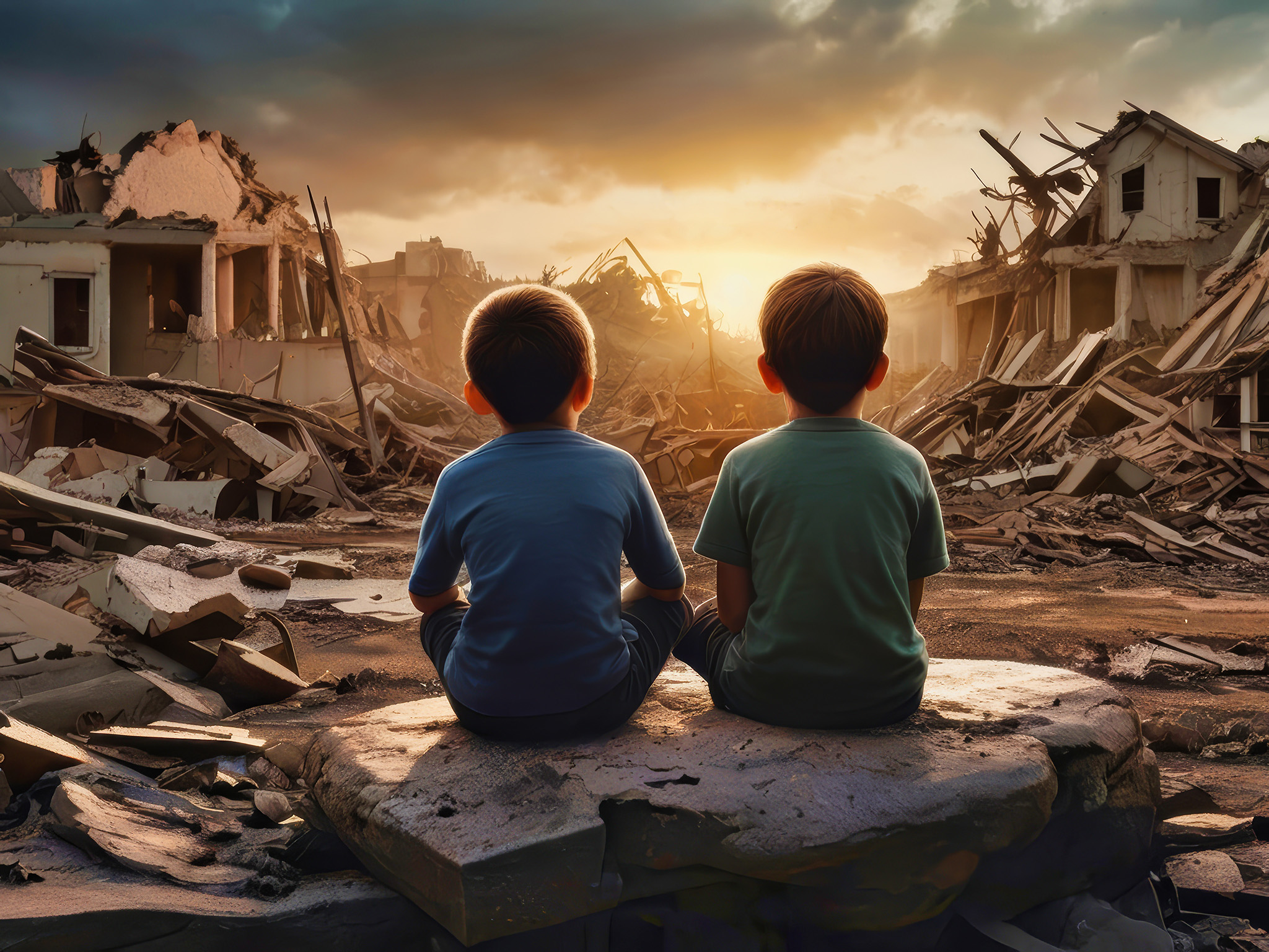 Two Children in a warzone indicating the possible divergent futures