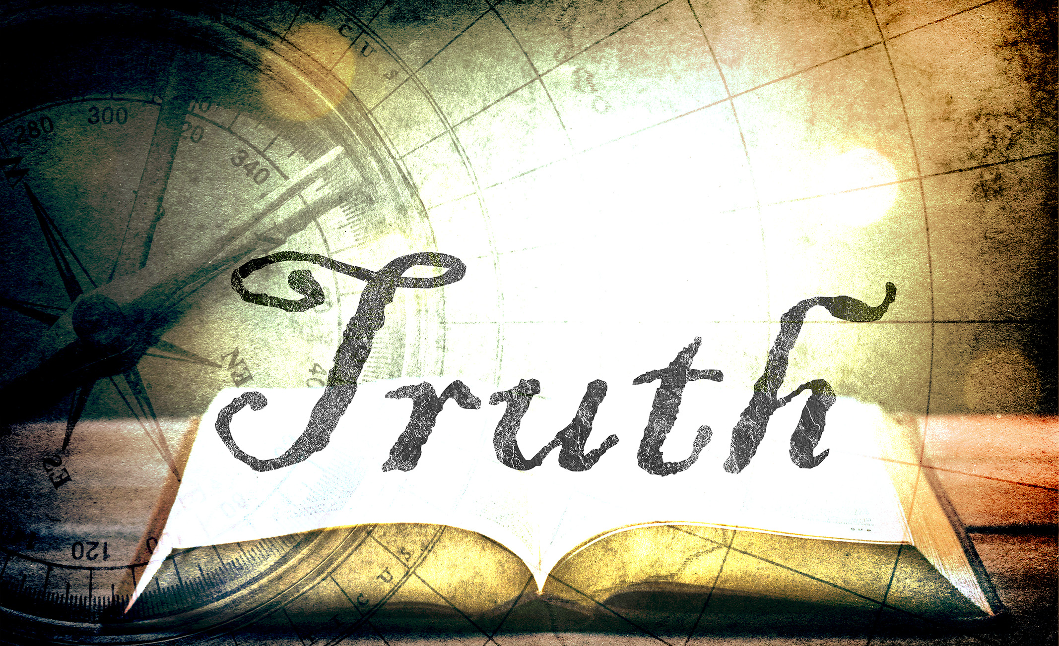 The word truth floating over a glowing book with a compass in the background