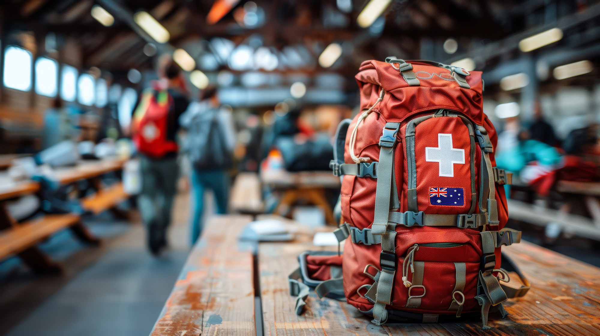 An Australian medical backpack in a disaster response staging area.