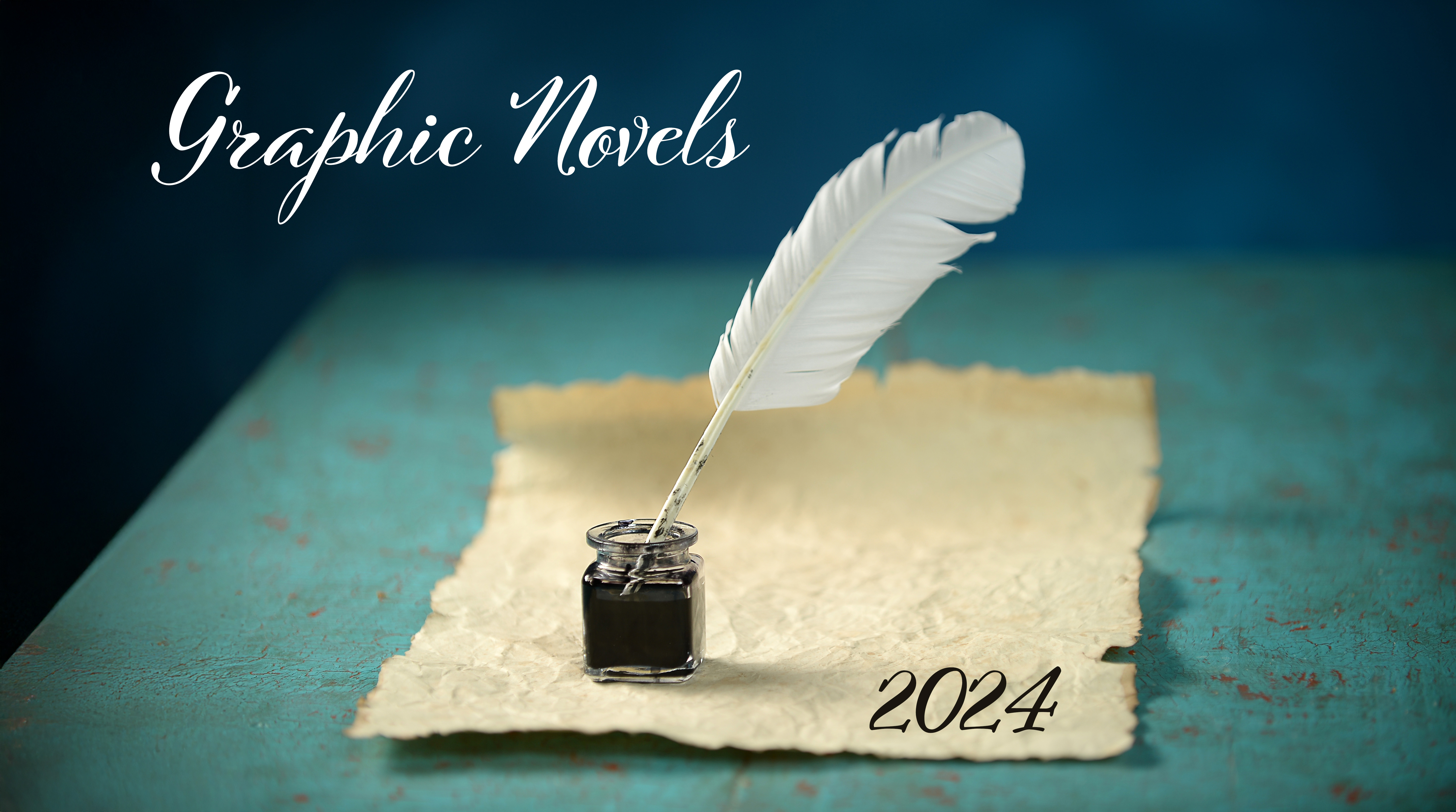 Parchment and quill with the wording Graphic Novels 2024