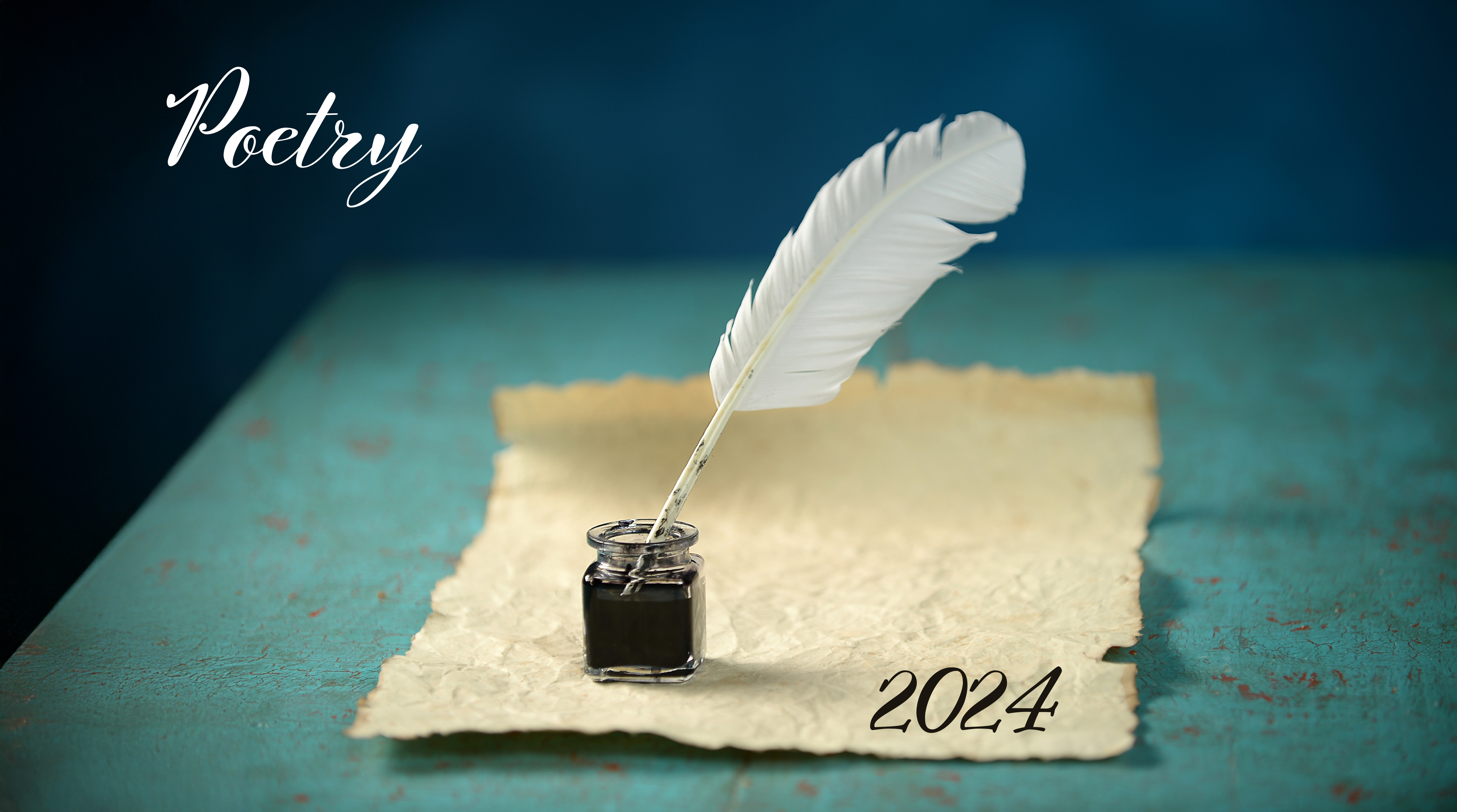 Parchment and quill with the wording Poetry 2024