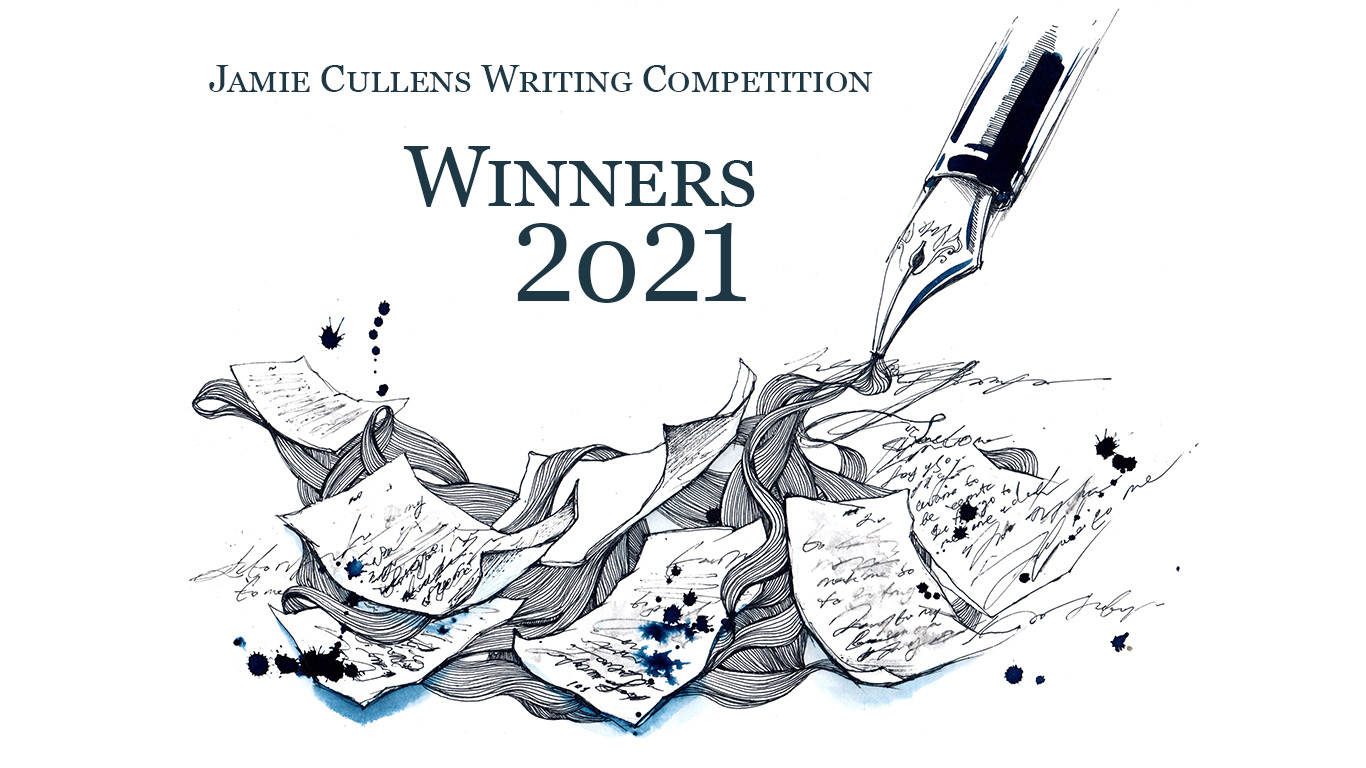 Pen on messy papers, Jamie Cullens Writing Competition winners 2021 superimposed.