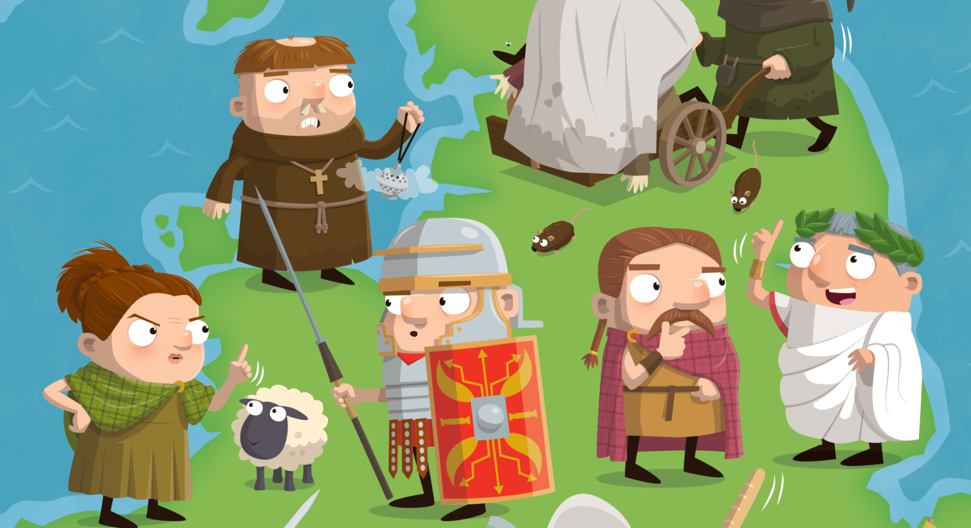 Cartoon figures of celts and romans over britain.