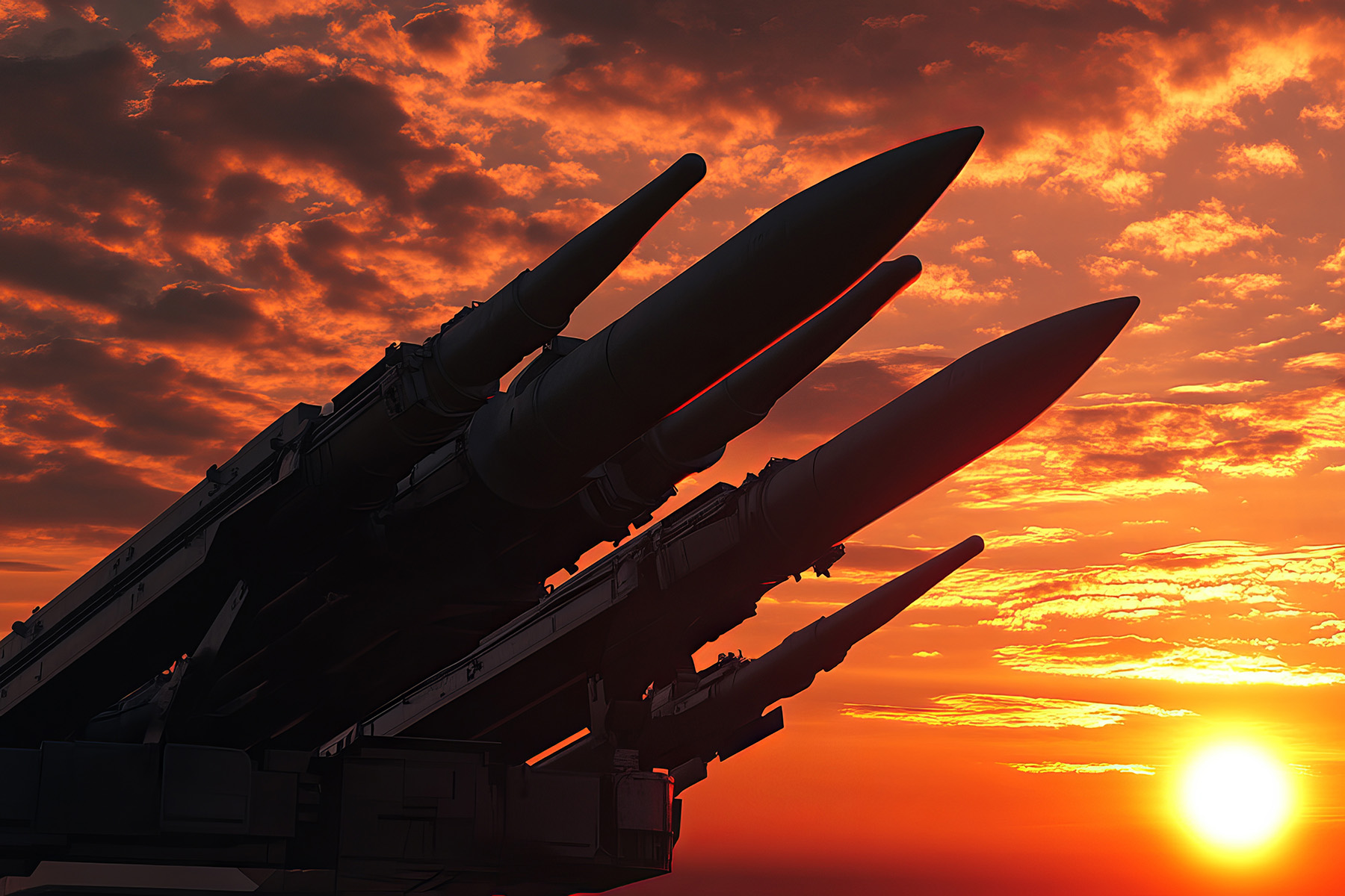 Missles aimed at the sky with a sunset in the background