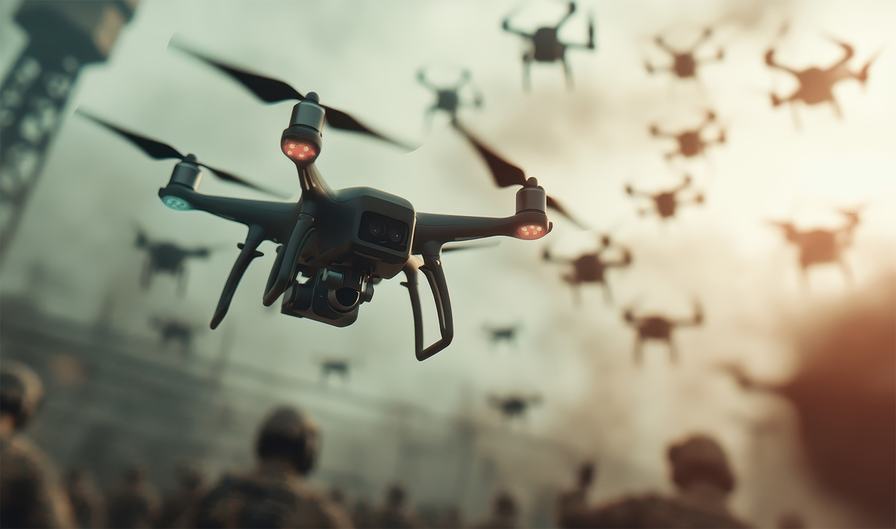 A flock of drones over a battle field