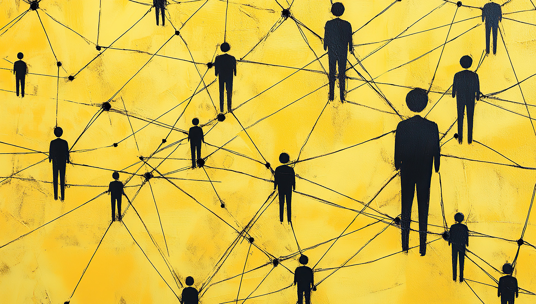 Black drawn people figures connected by black lines over a yellow field. 