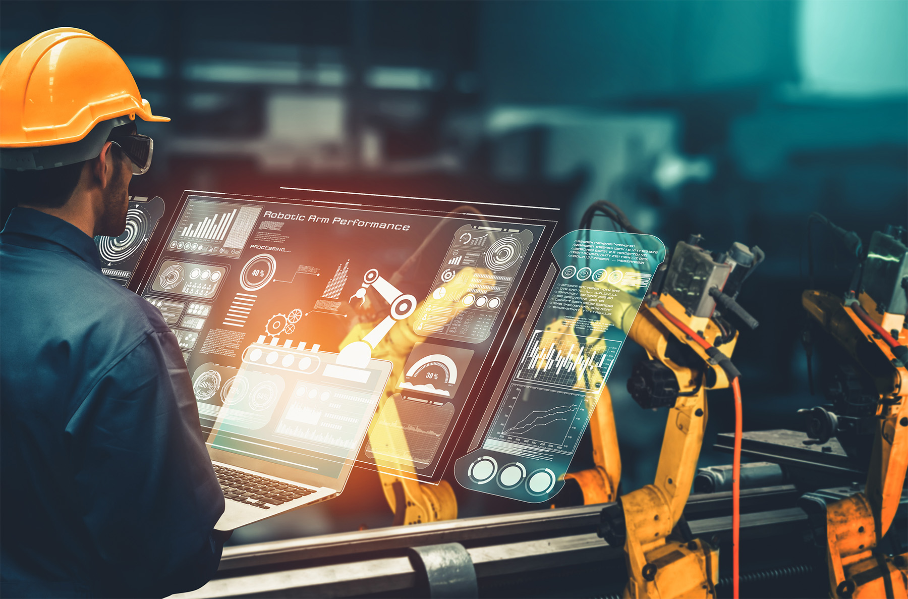 Manufacturing Worker at a futurist holographic terminal controling a robot production line.