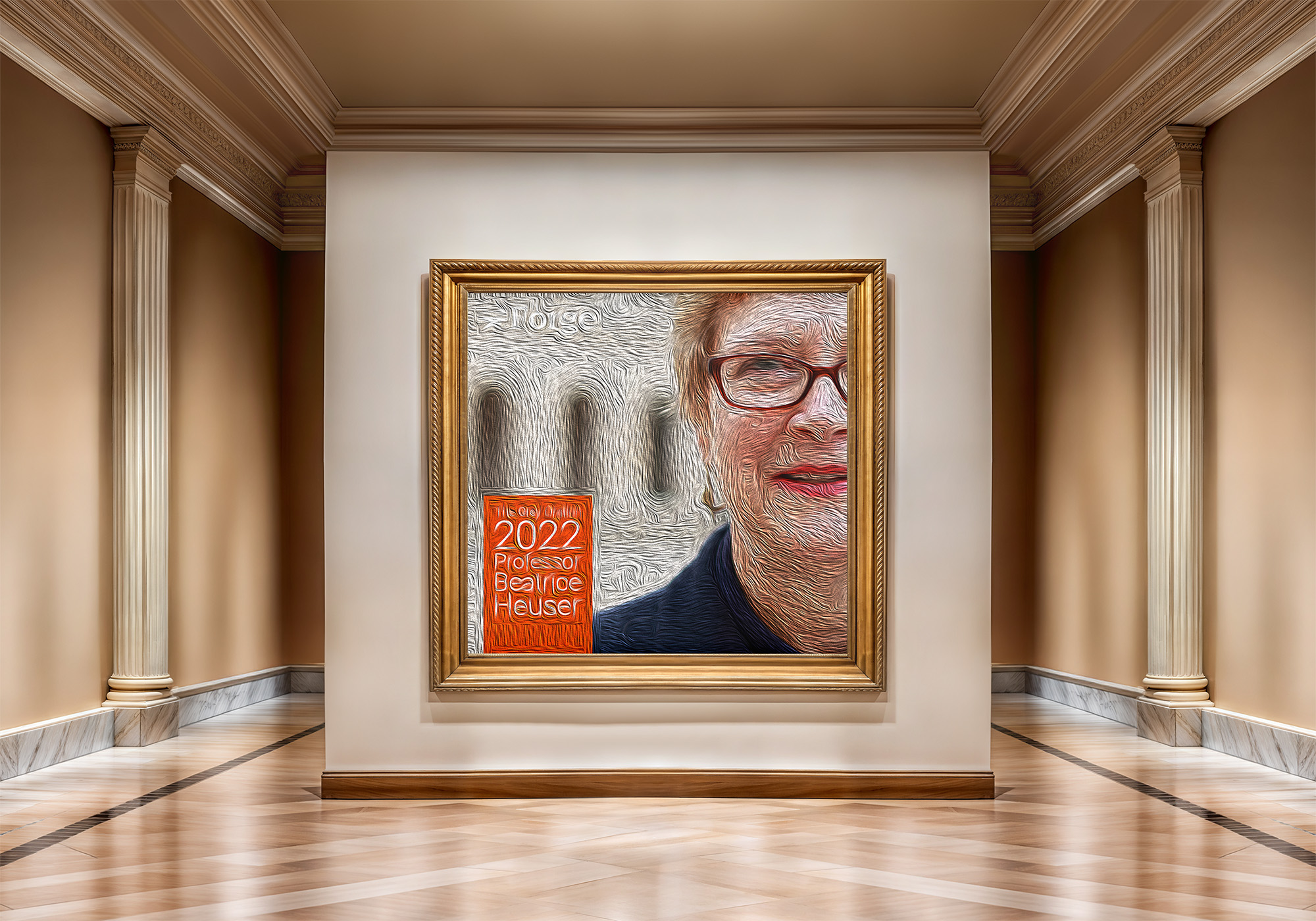The podcast art hanging in a gallery