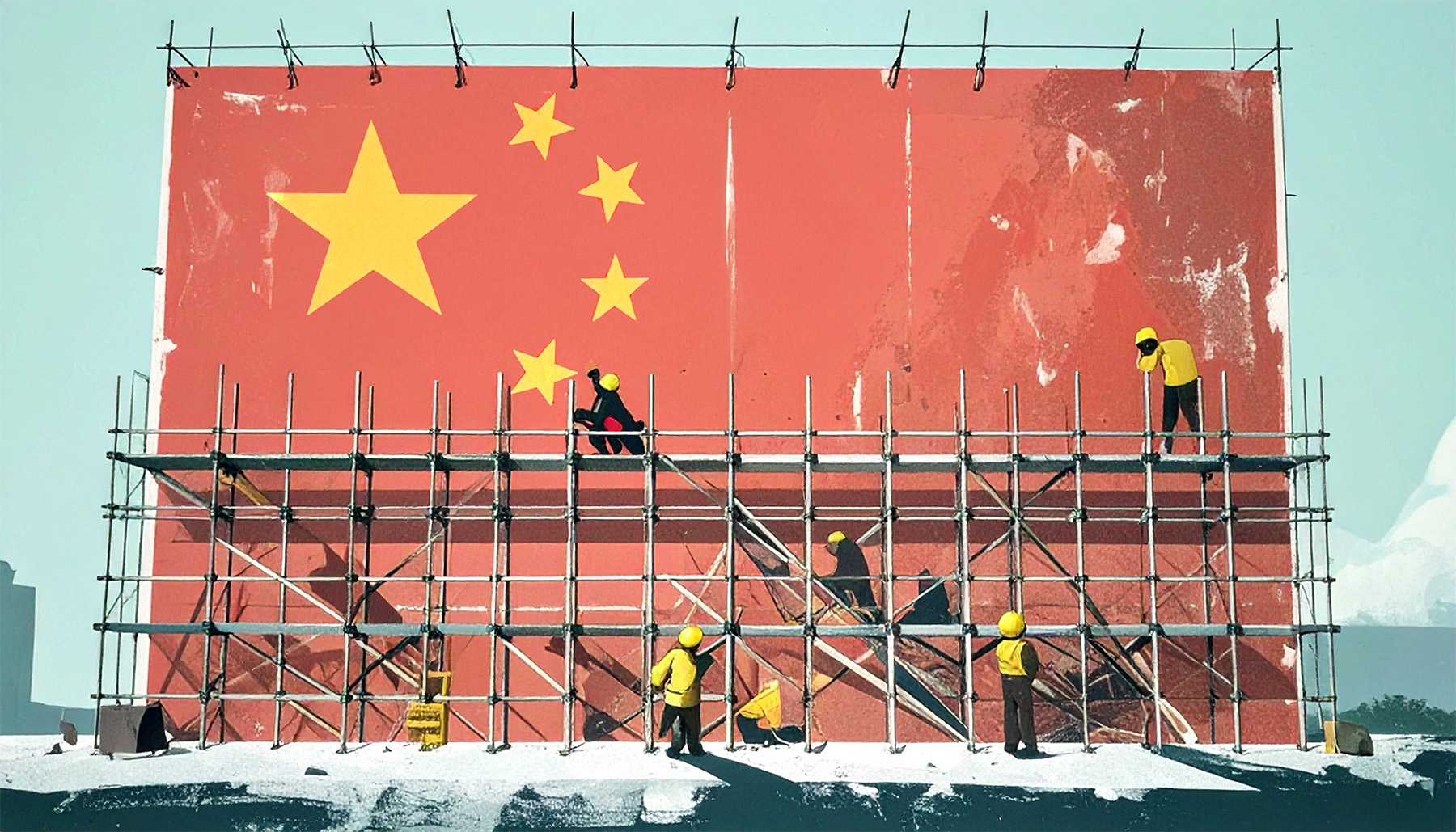The Chinese Flag with rigid scaffolding in front of it