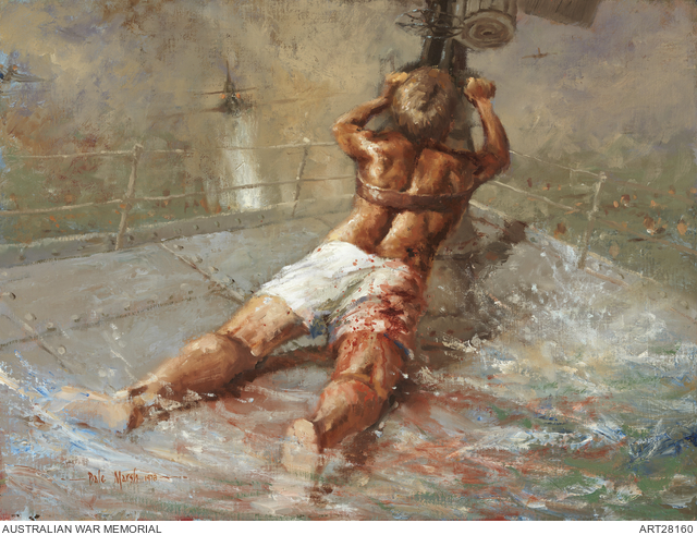Painting of Ordinary Seaman Edward Sheean, HMAS 'Armidale' strapped to a gun, by Dale Marsh 1978