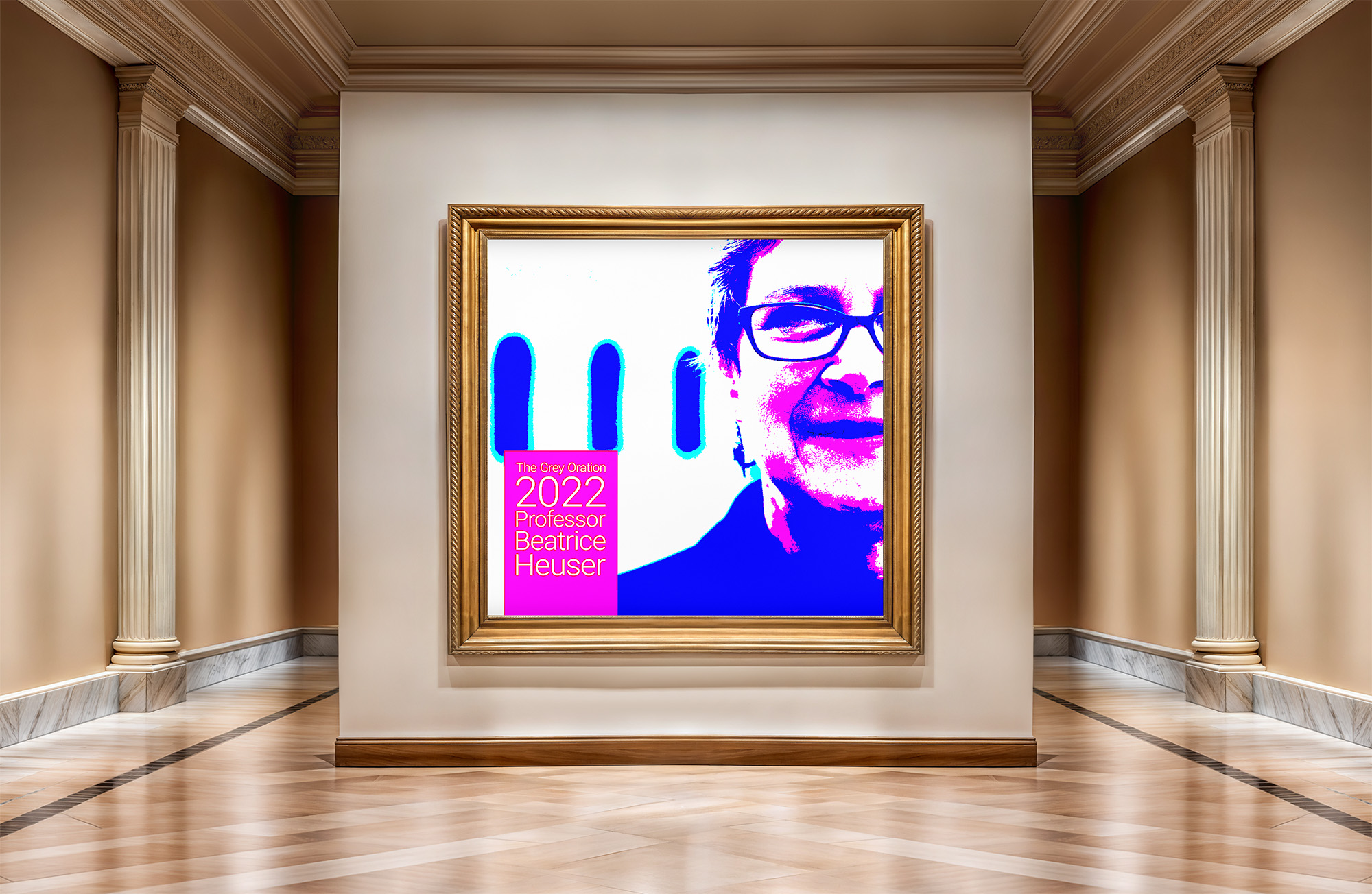 The podcast art hanging in a gallery