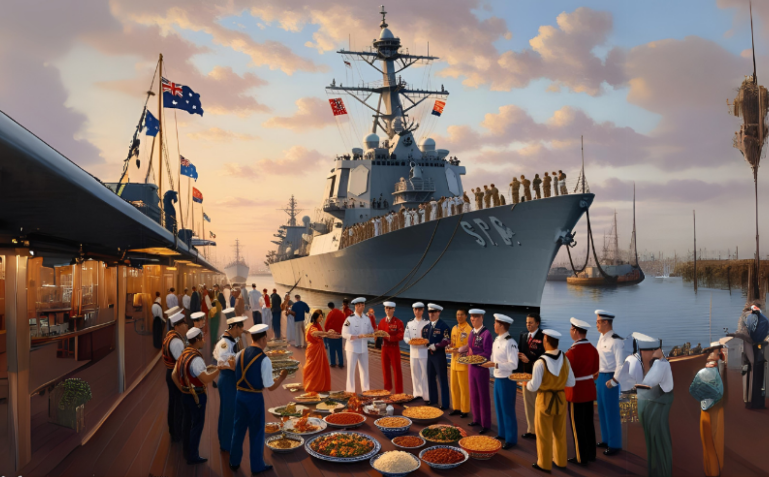 A Pier with a mix of cultures and goods, with a Royal Australian Navy vessel in the background. 