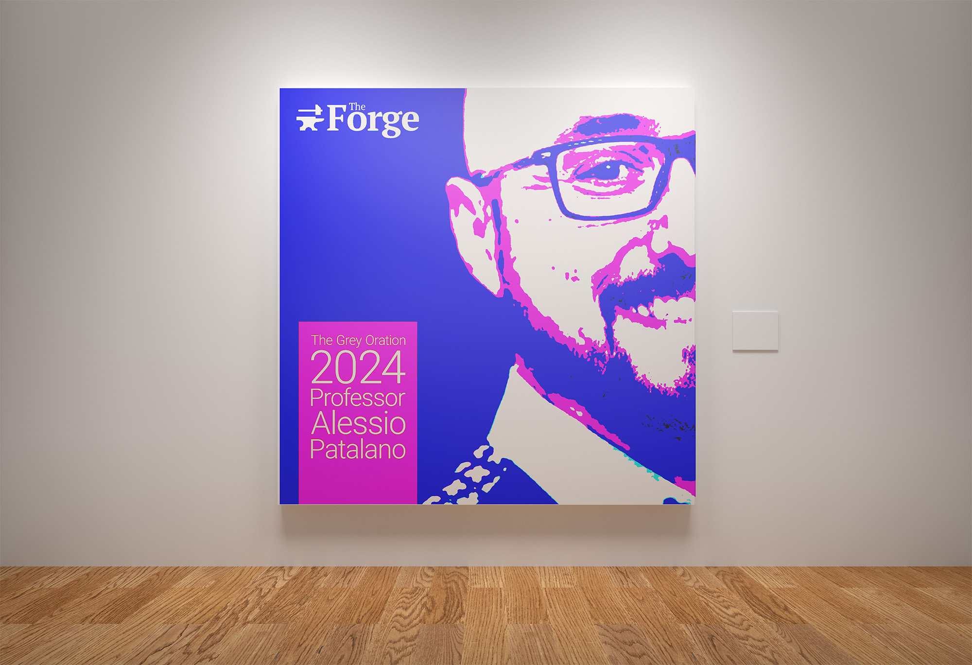 Professor Patalano portrait on a cover design hanging in a gallery