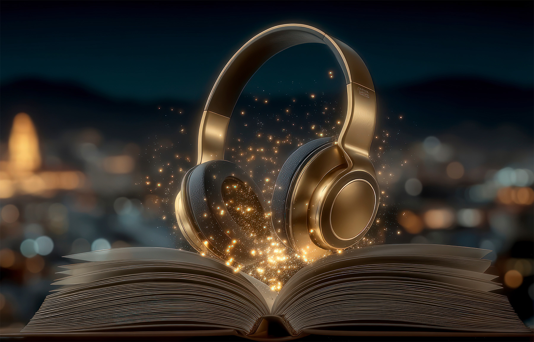 Headphones on a book with glowing sparks connecting them