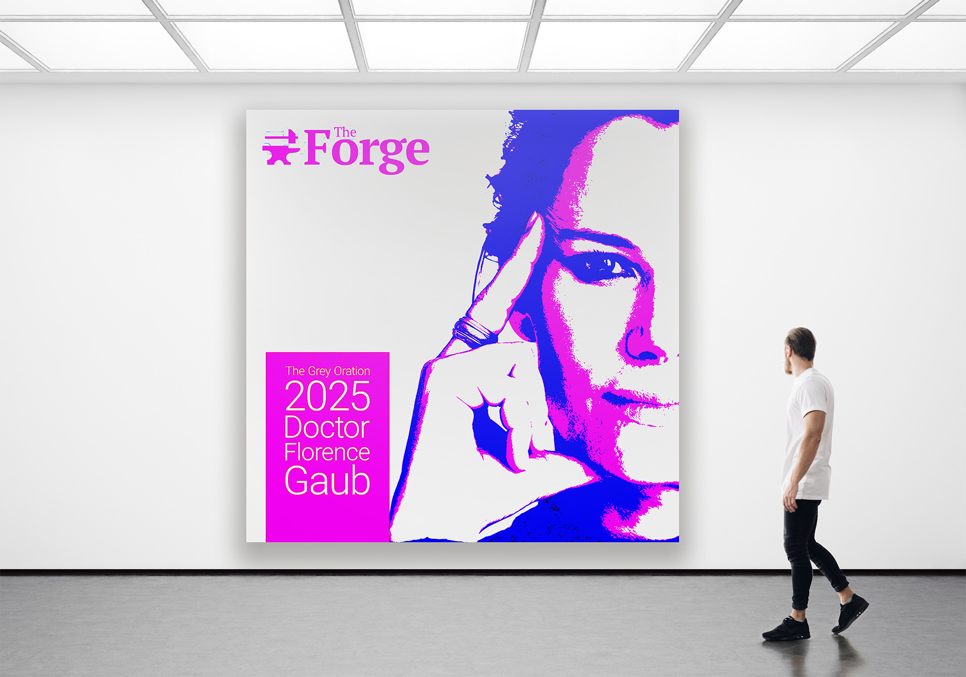 A styled vesrion of the cover art for Crey Oration 2025 hanging in s Gallery