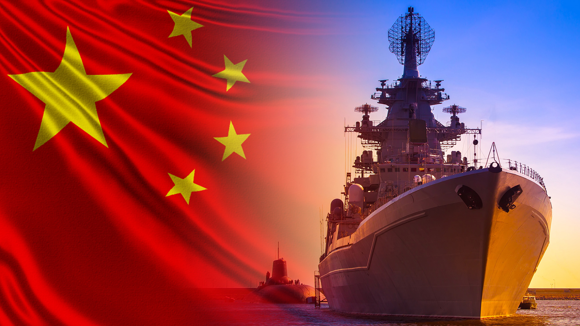 Chinese flag and a warship