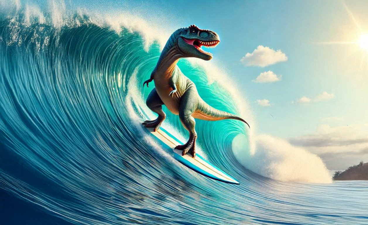A dinosaur on a surfboard catching a wave