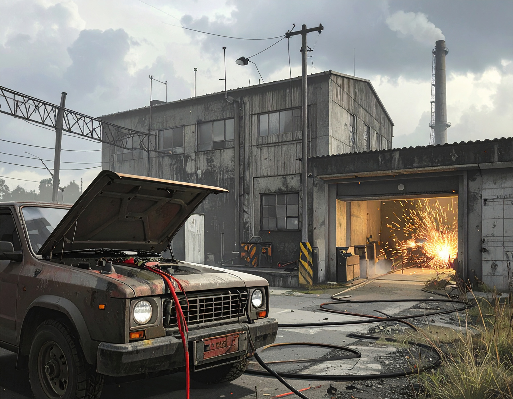 In a 3 x 4 landscape frame there is a utility vehicle in the foreground. The bonnet is up and there are jumper cables attached to the vehicle battery. The cable snake off into the background where they enter a factory. The factory is two stories tall with a smokestack. The vehicle is jumpstarting the factory, so there are sparks coming out of the factory door. Photorealist treatment.