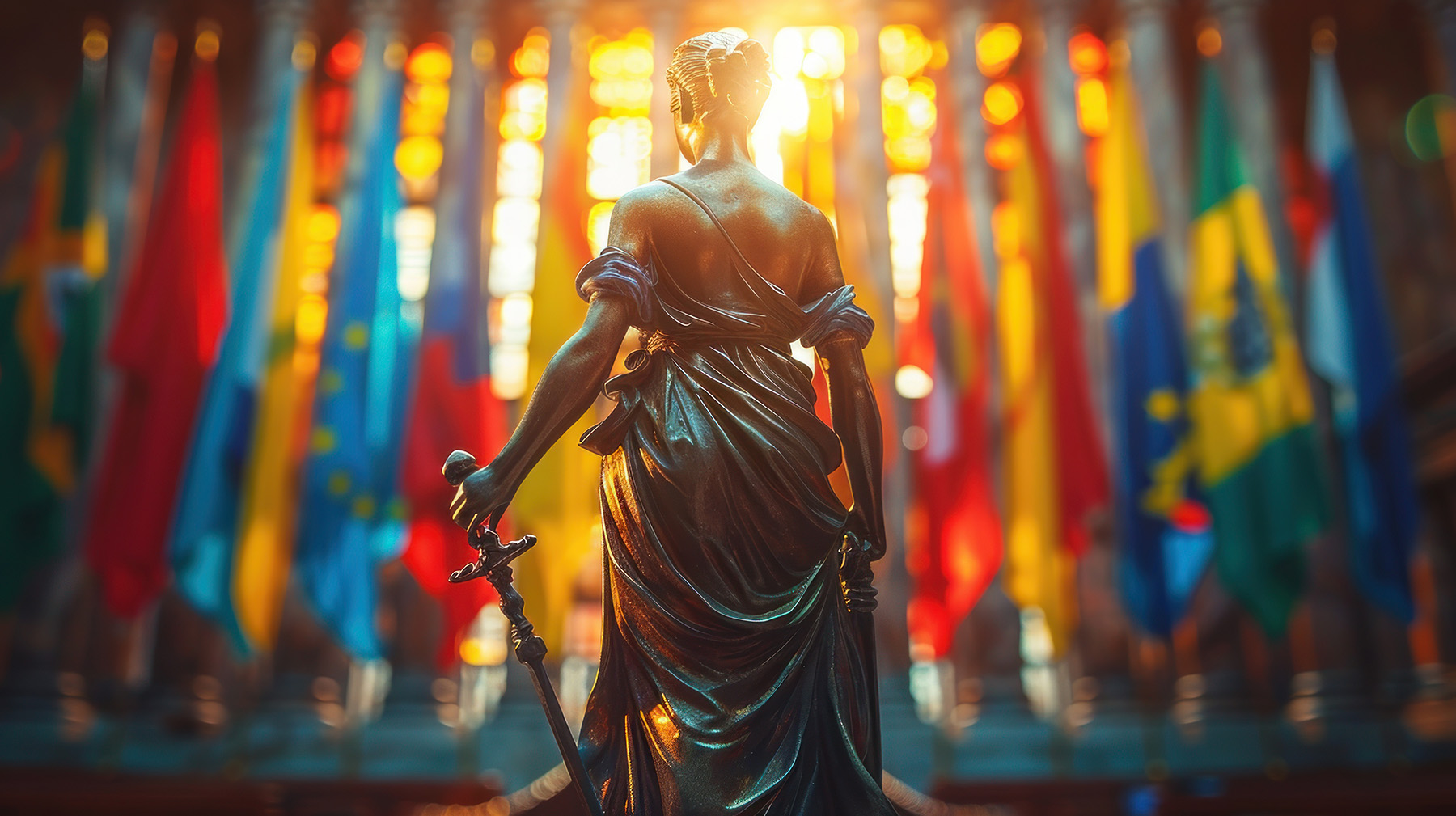 Statue of Justice face the worlds flags