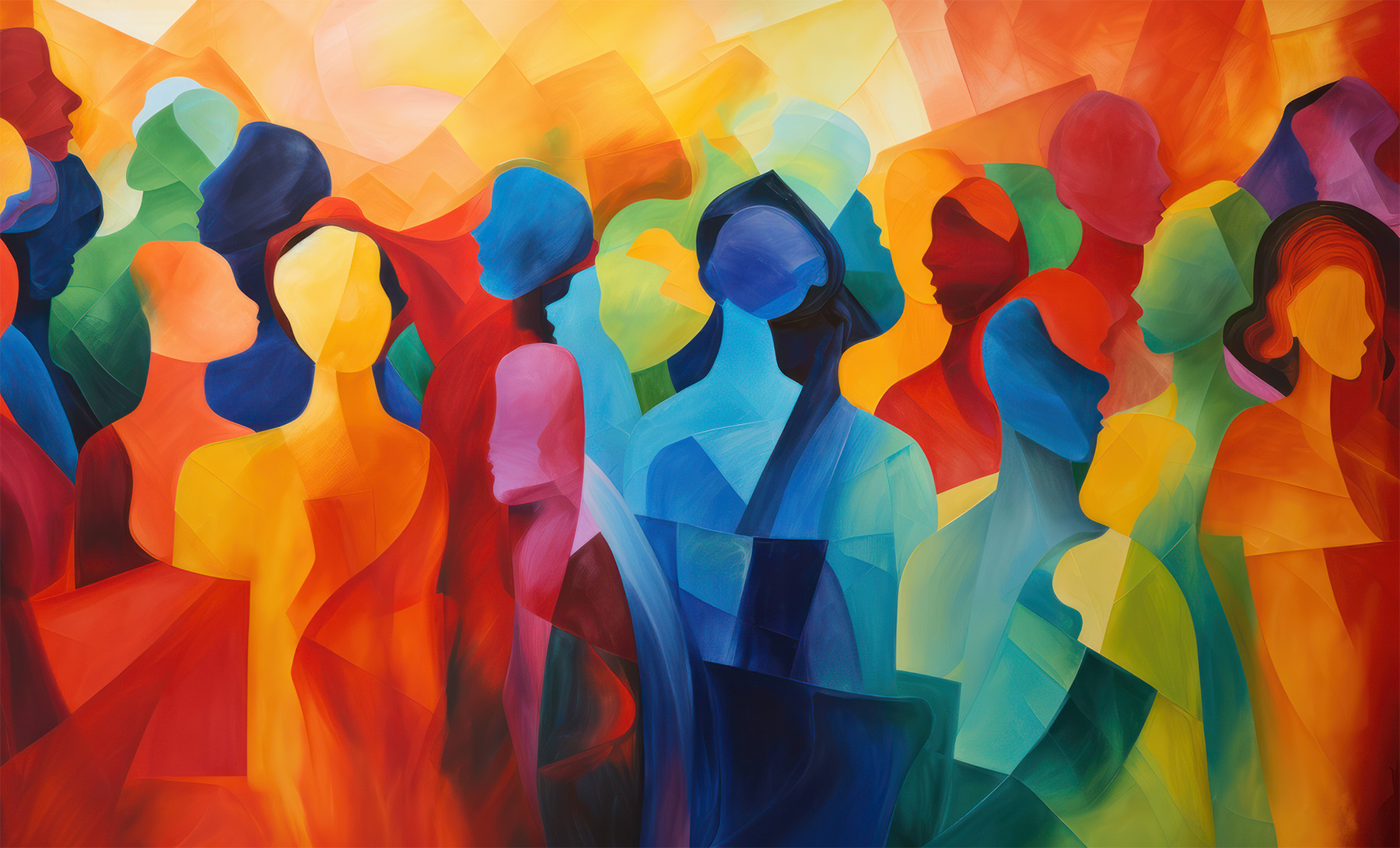 An abstract painting of multi coloured people