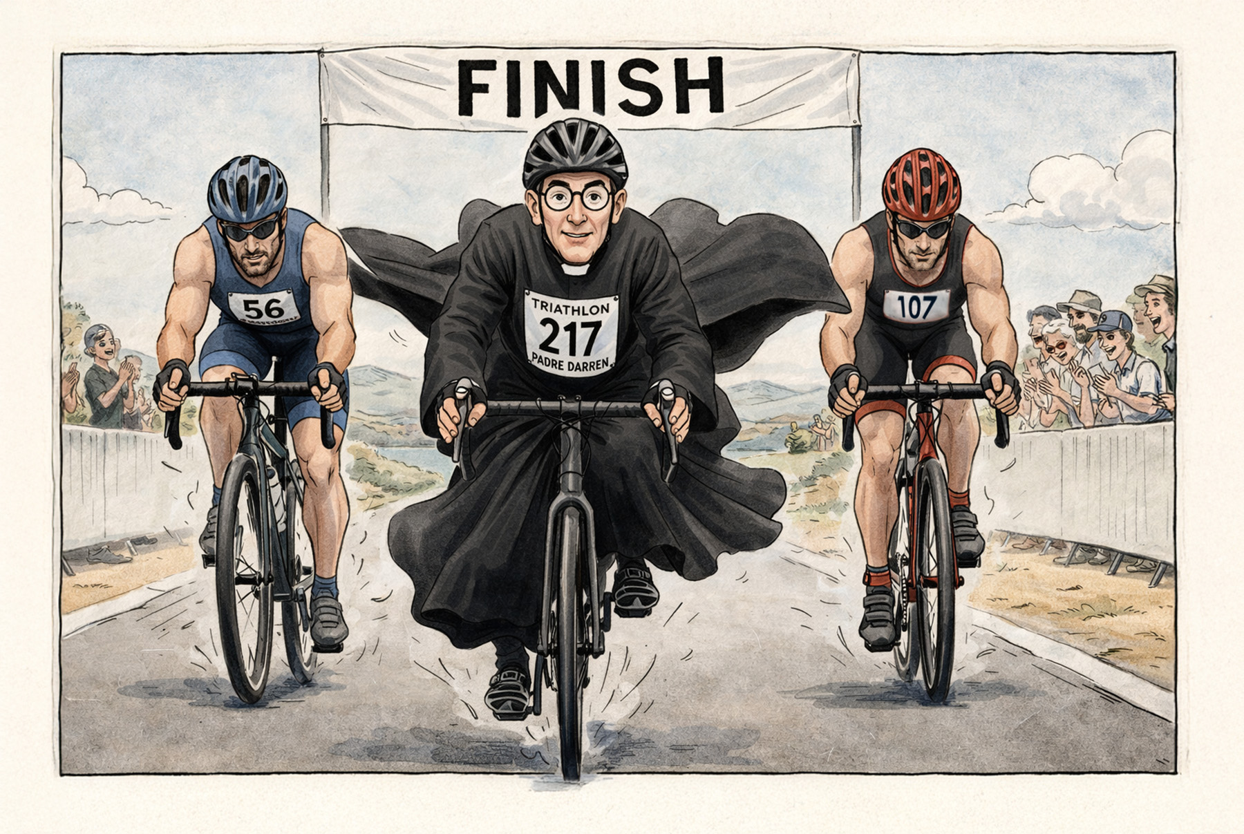 Cartoon showing a slim padre in robes on a bicycle winning a triathalon against two very heavily muscled men.