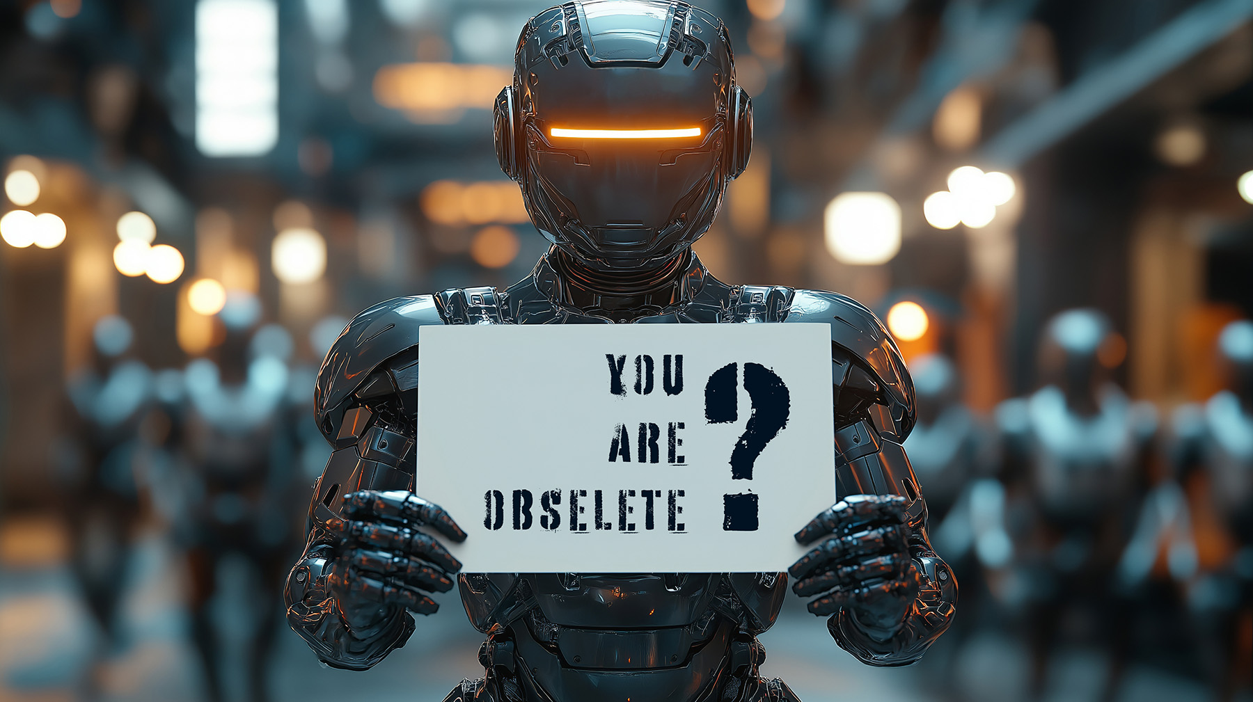 A robot holding a sign that asks if the reader is obselete