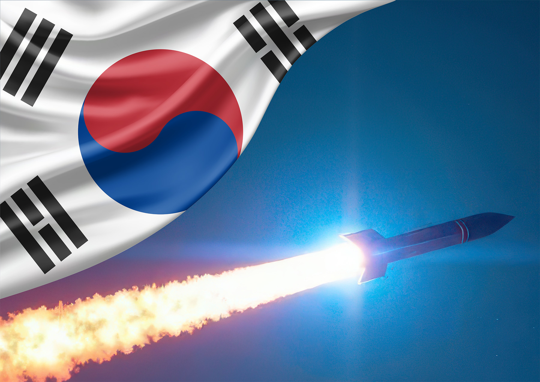 The South Korean Flag over a nuclear missle in flight