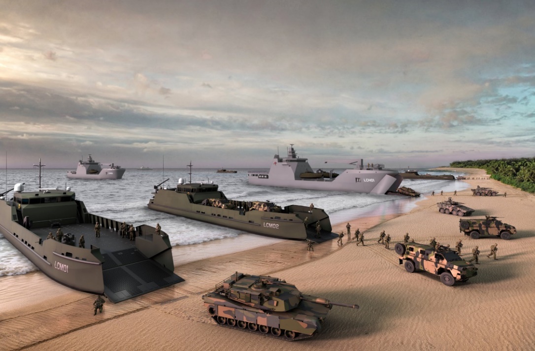 Landing craft in a littoral environment showing littoral combat vehicles
