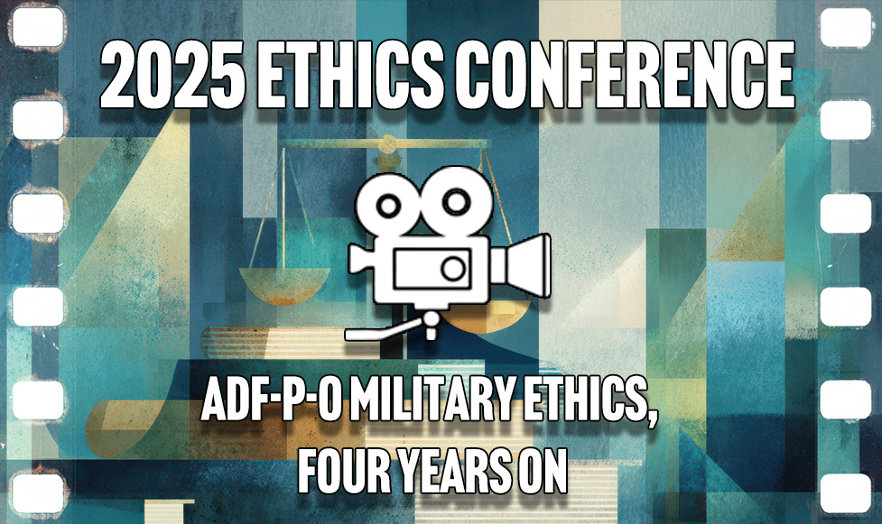 Title slide for ADF-P-0 Military Ethics, Four Years On with abstract graphics