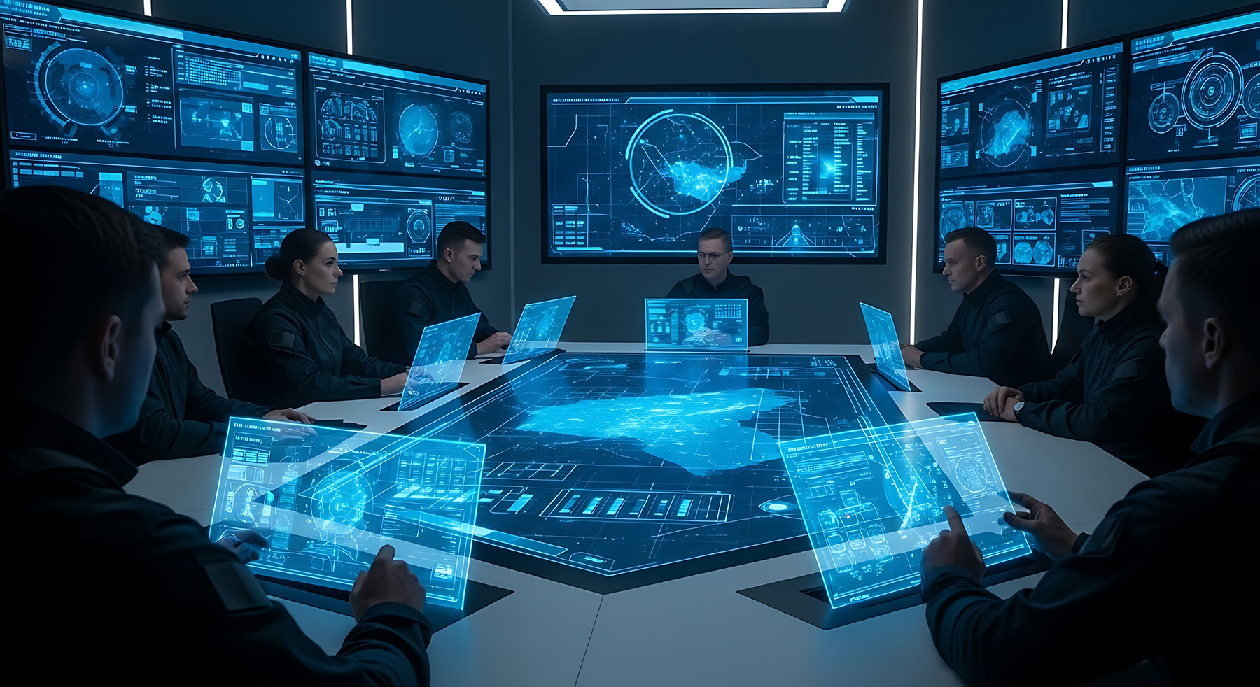 Scci-fi based miltary planning imag with military offers sitting around a planning table with futuristic displays
