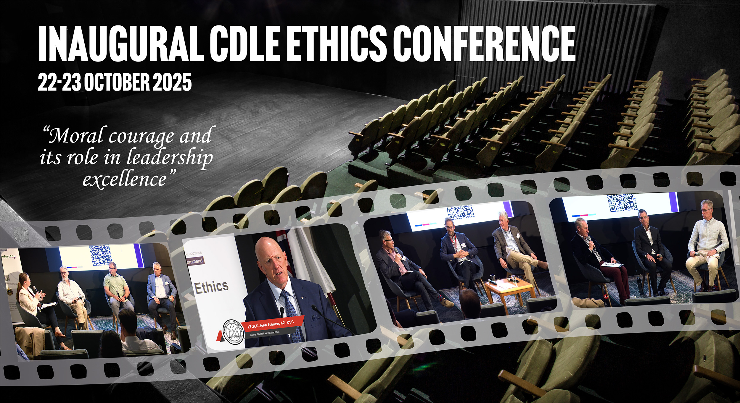 The promo image showing a lecture theatre with a film strip across it with scenes from the videos. It is title for the conference.