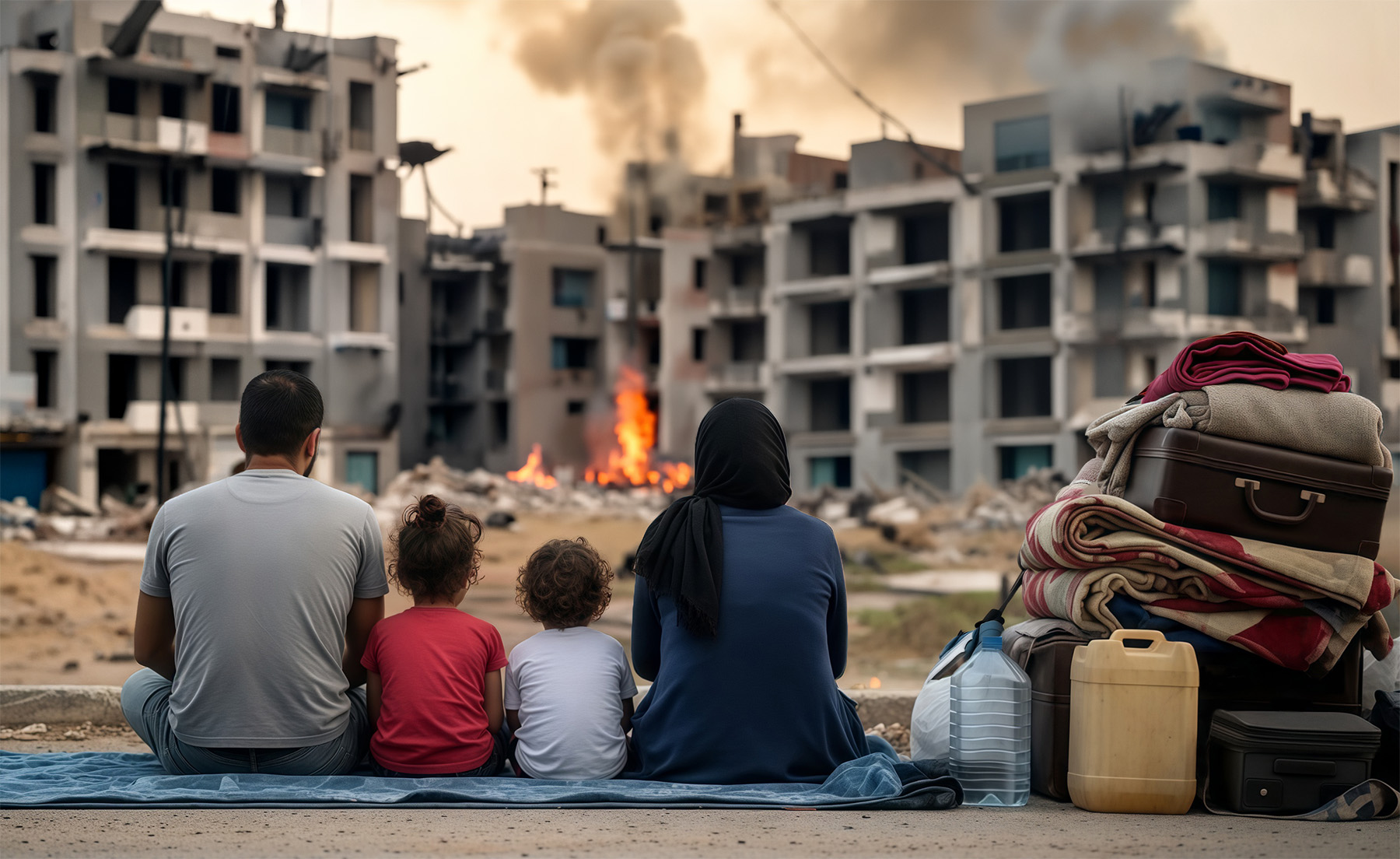 A displaced family watches their city burn