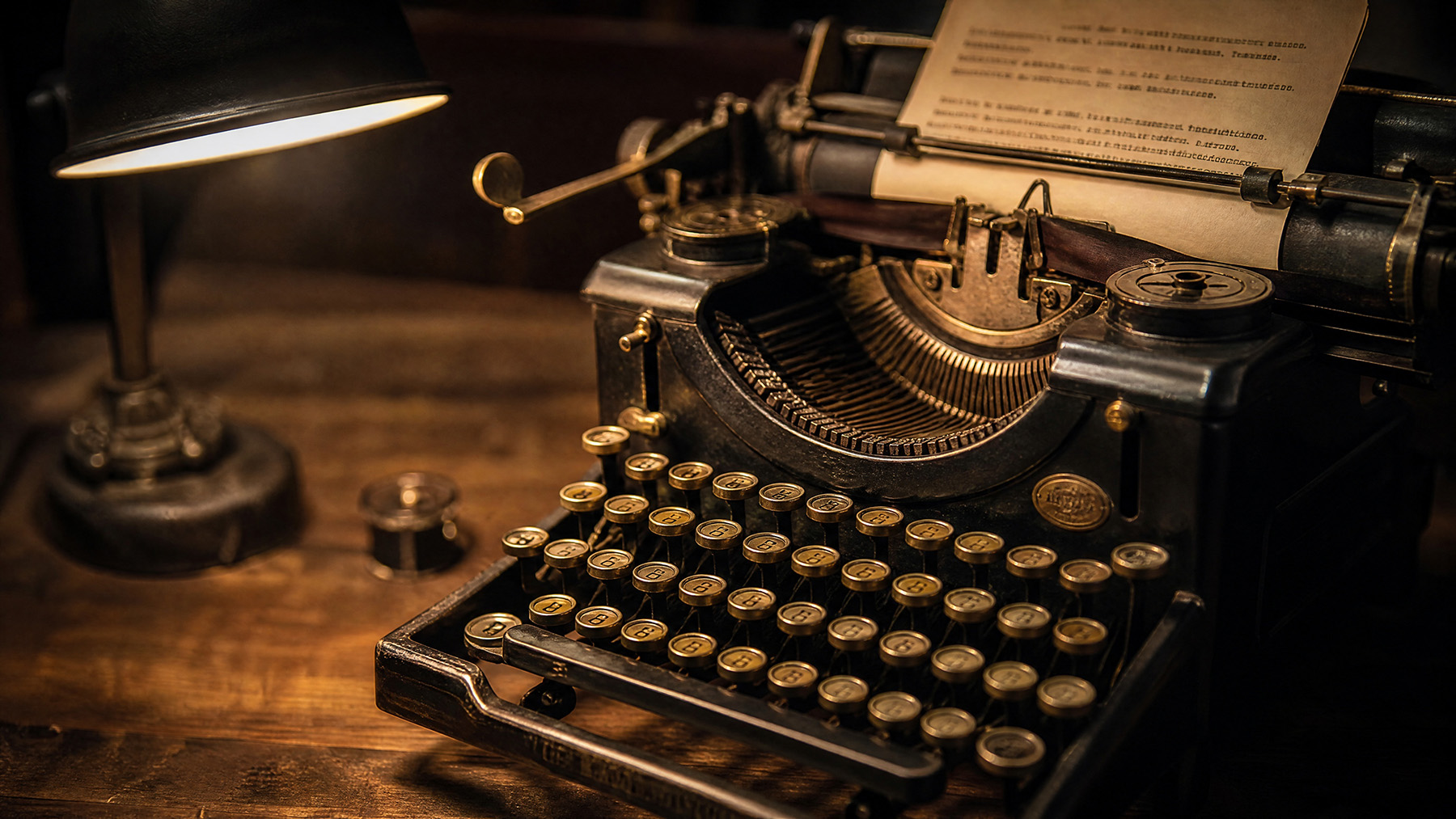 An old mechanical typewriter moodily lit by a desk lamp