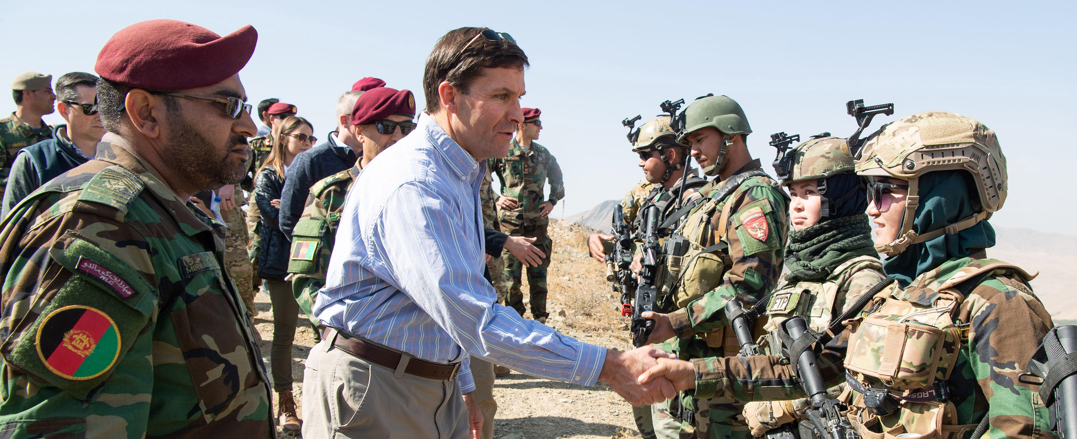 US Defense Secretary Dr. Mark T. Esper meets with members of the Afghan special forces to observe their training at Camp Commando, Afghanistan, Oct. 21, 2019