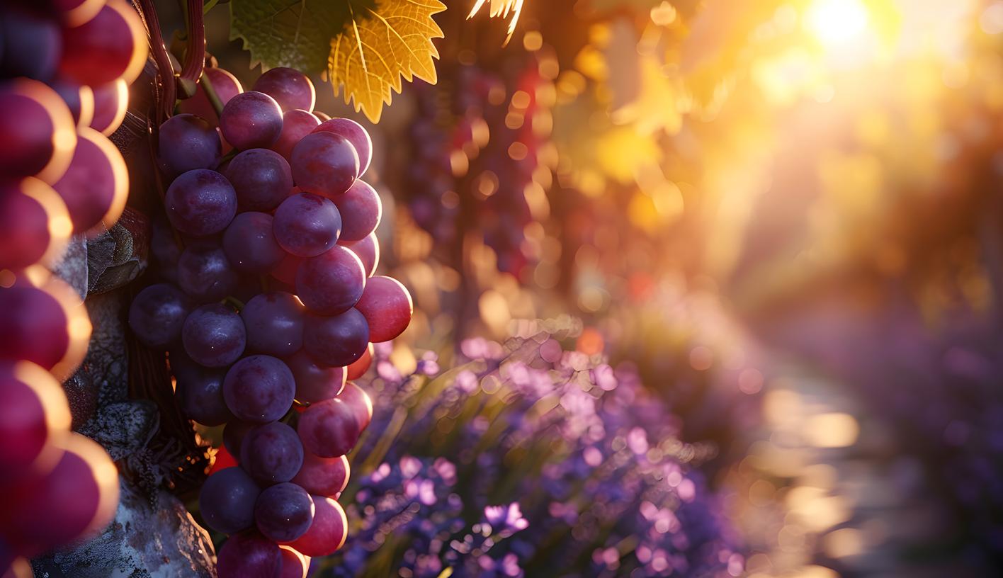 Grapes on a vine, with the setting sum low on the horizon.