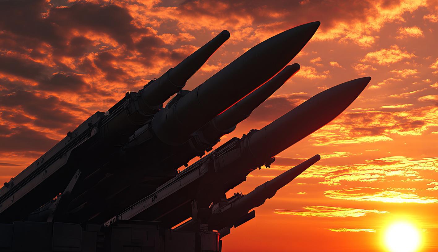 Missles aimed at the sky with a sunset in the background