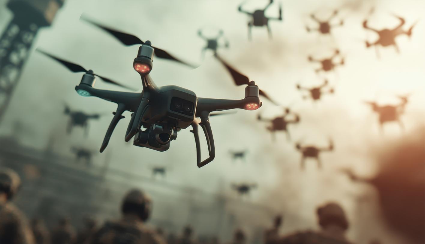A flock of drones over a battle field
