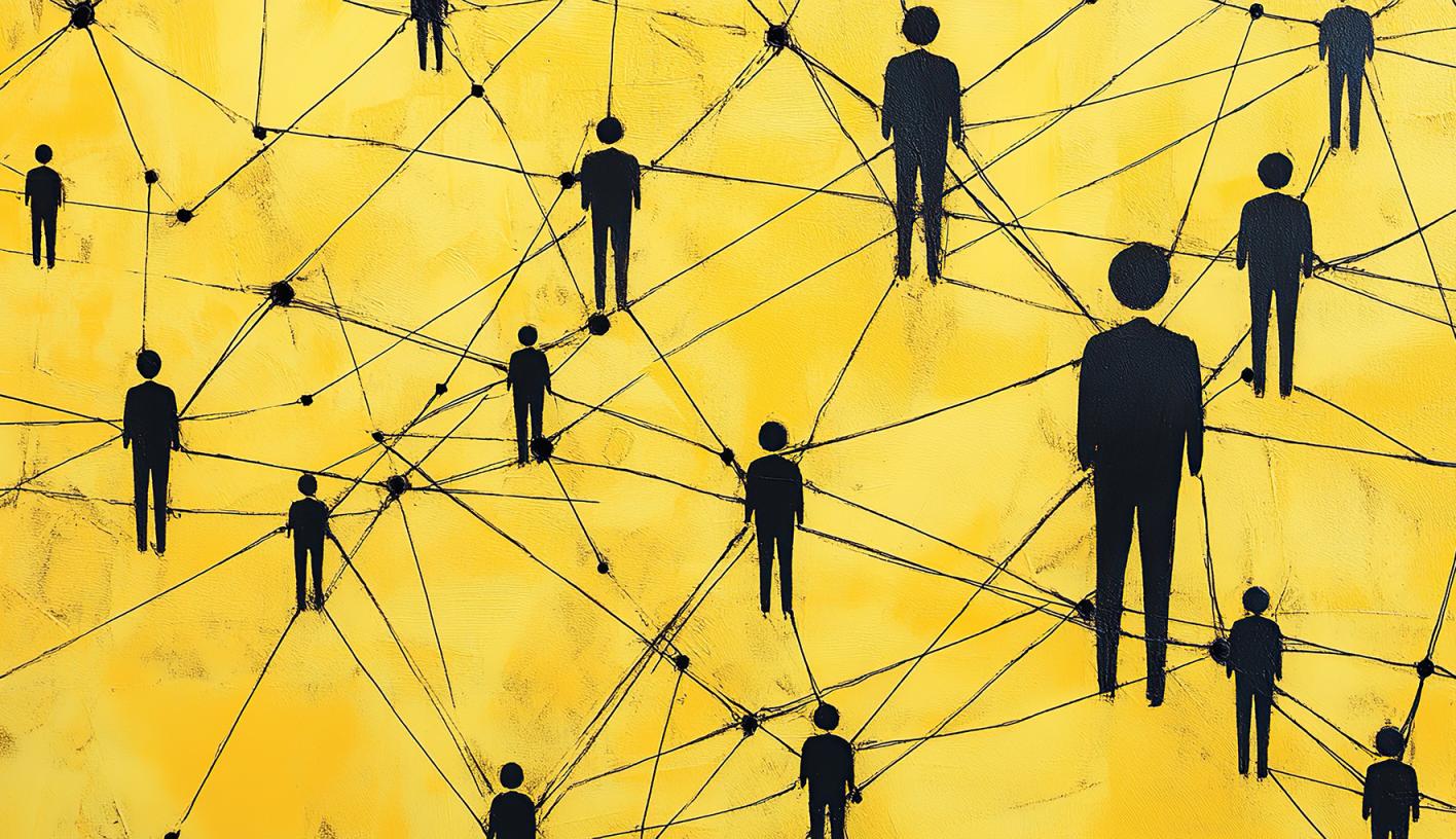 Black drawn people figures connected by black lines over a yellow field. 