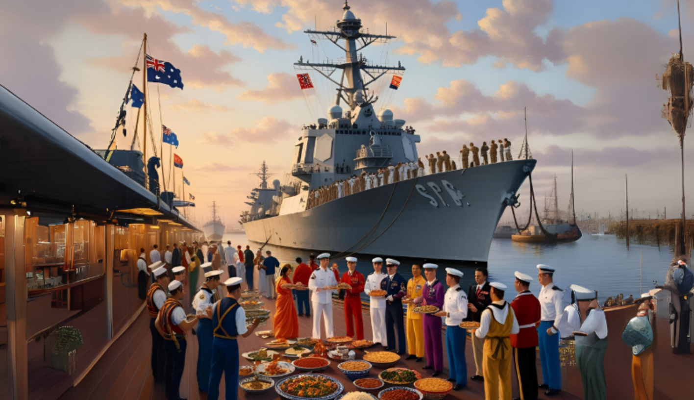 A Pier with a mix of cultures and goods, with a Royal Australian Navy vessel in the background. 