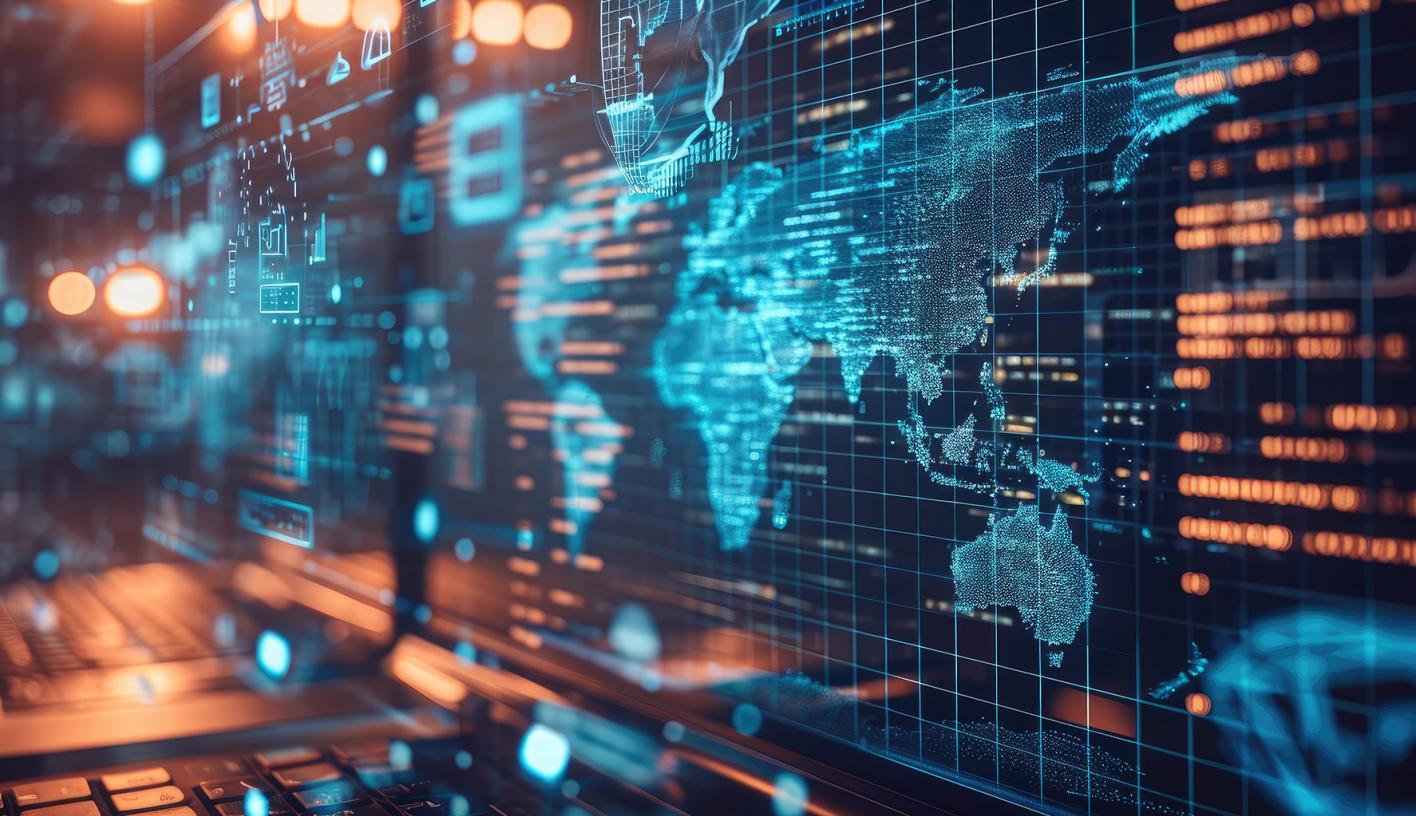 Neon world map in cyberspace