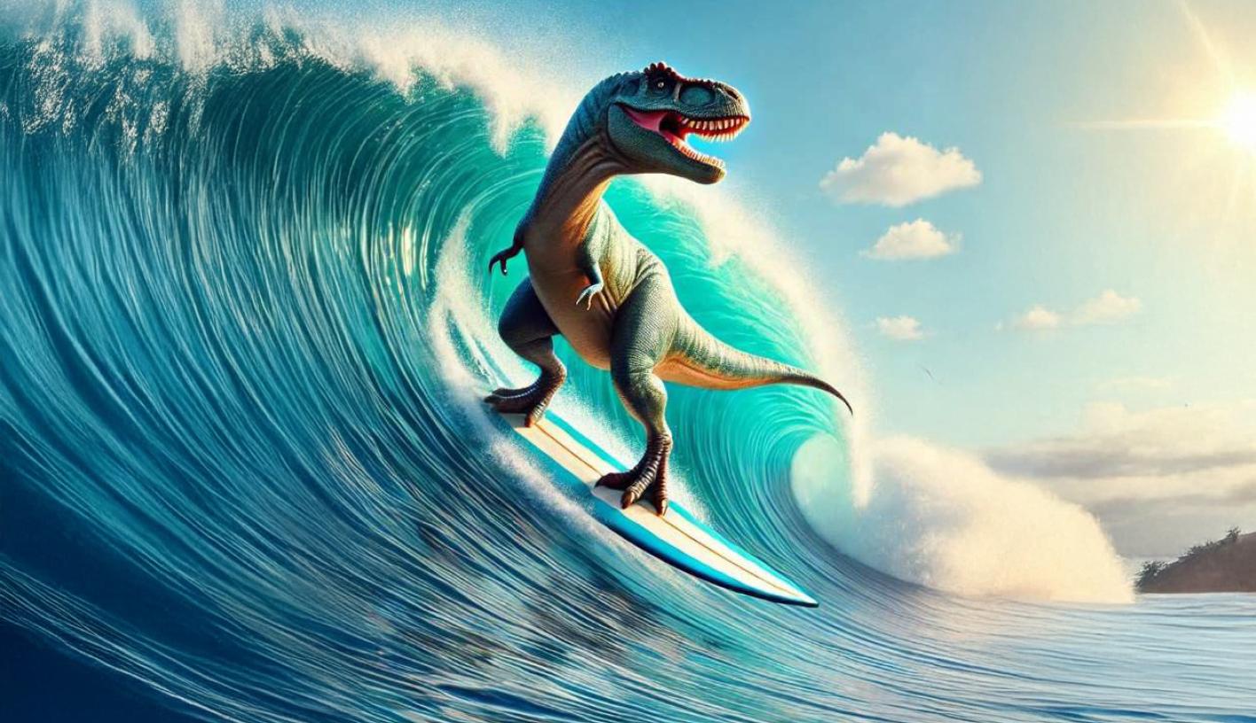 A dinosaur on a surfboard catching a wave