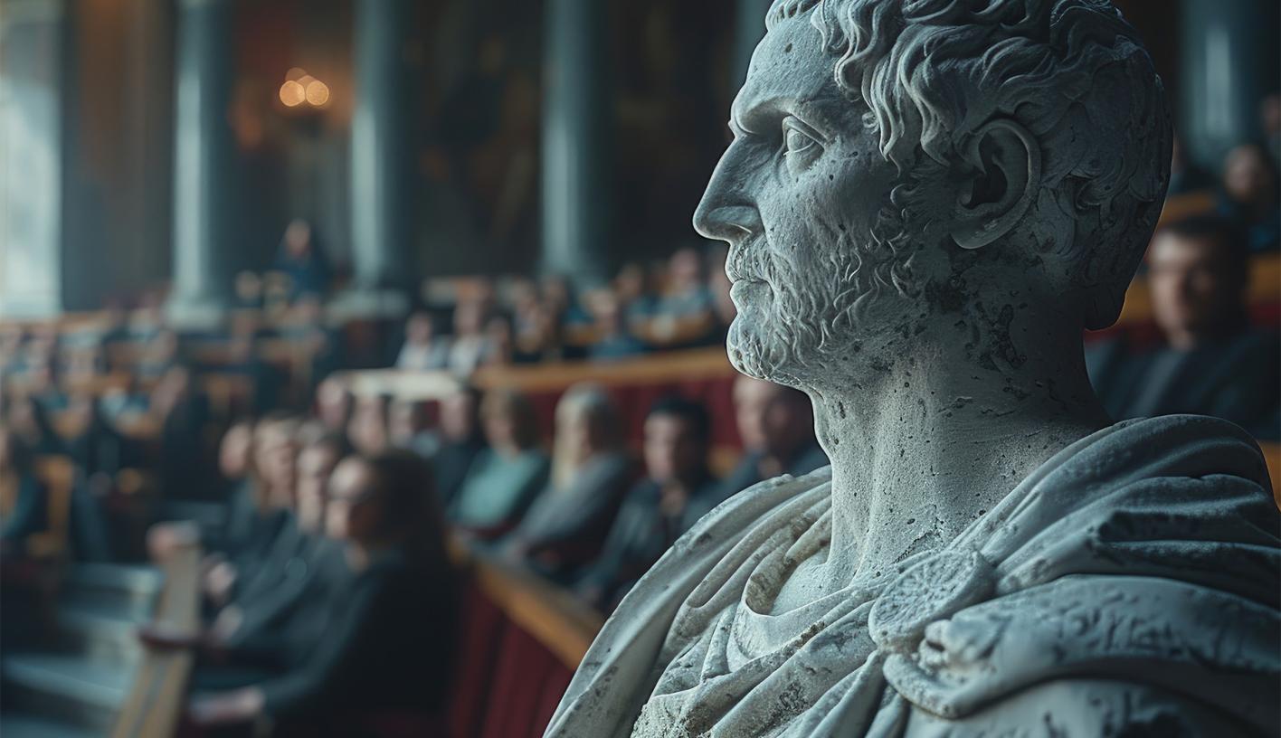 Greek philosopher stute at an ethics conference.