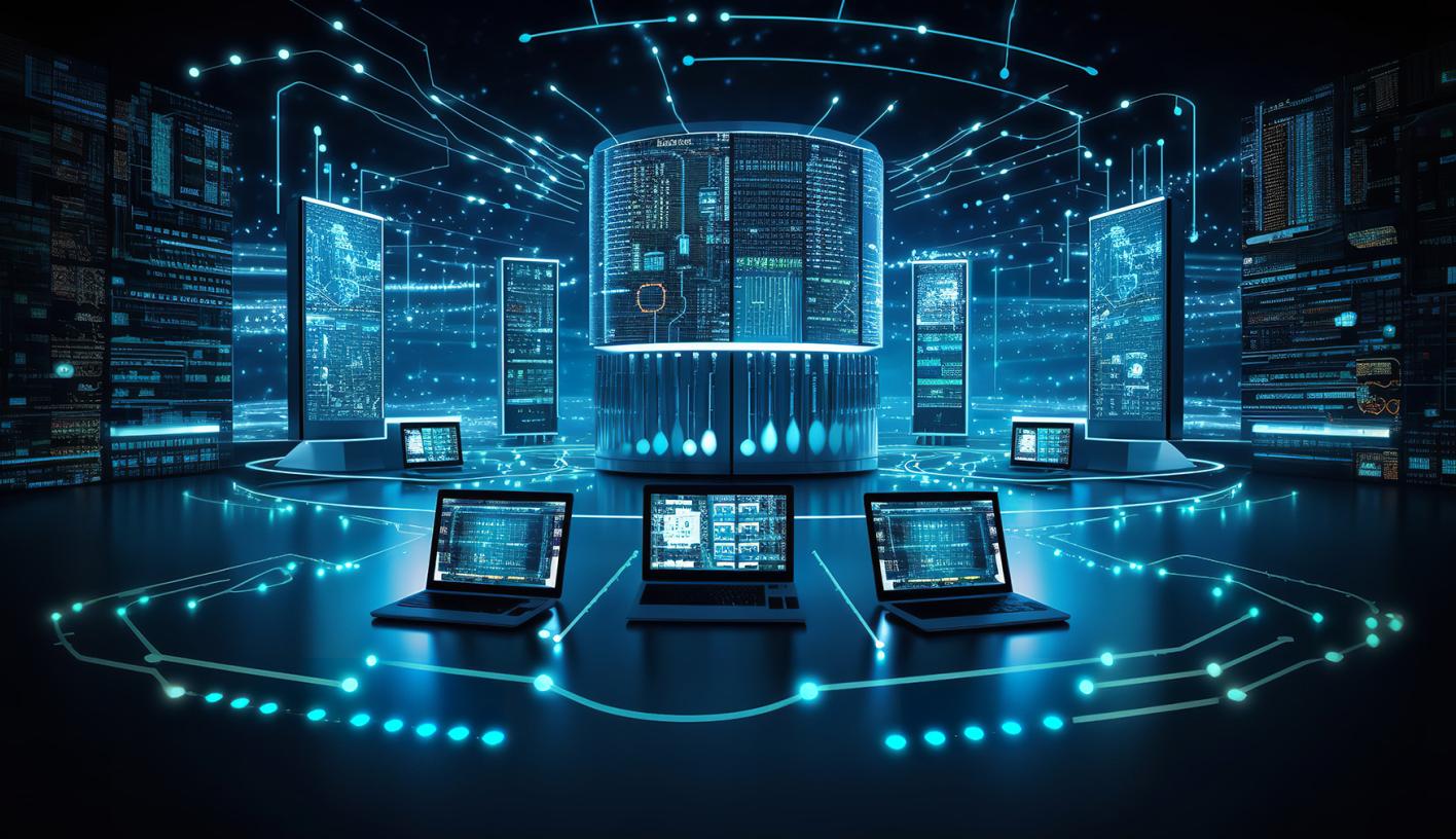 Dighital technology on display with laptops and screen with interconnected glowing lines.