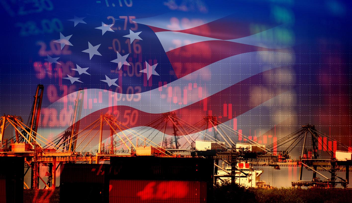 The USA Flag and a stockmarket ticker superimposed over a shipping port