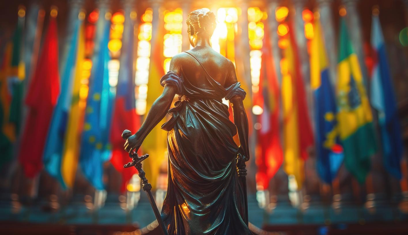 Statue of Justice face the worlds flags