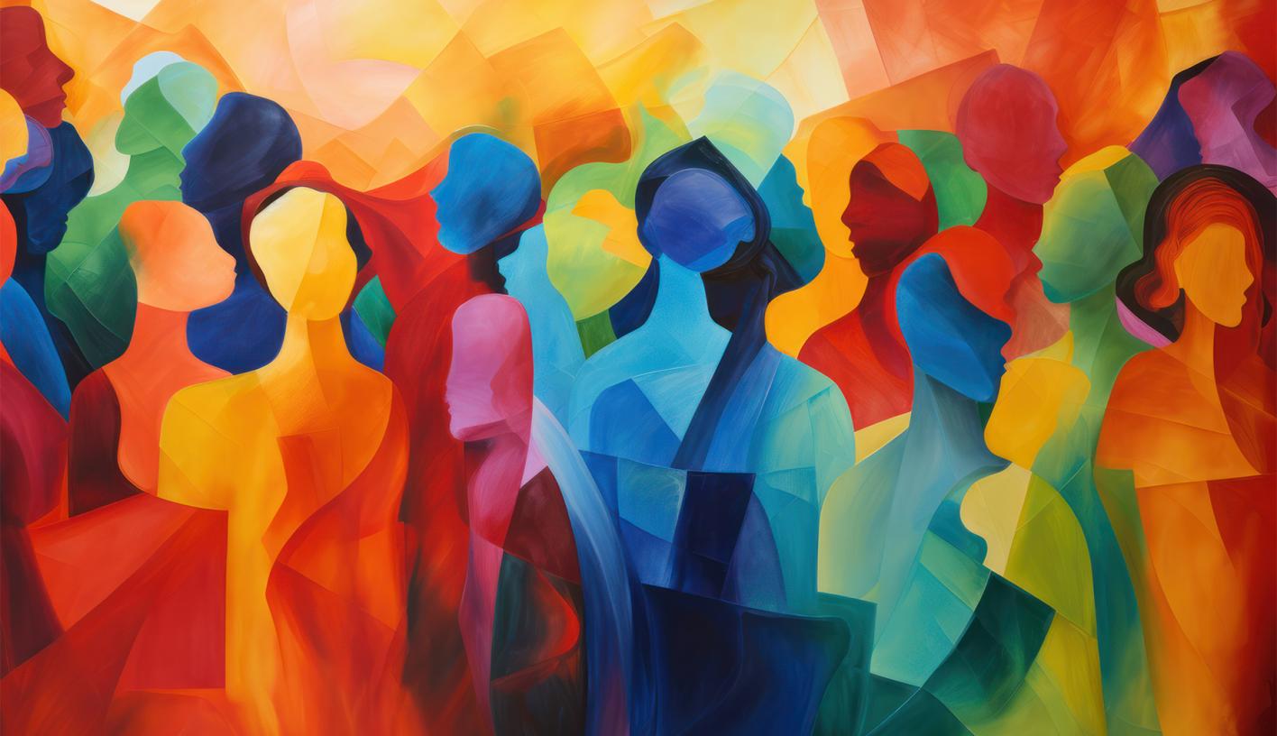 An abstract painting of multi coloured people